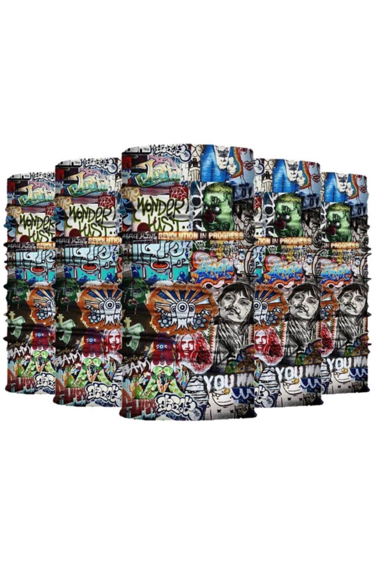 Knmaster Blue Graffiti Buff Bandana Boyunluk Maske Saç Bandı 5'li Paket