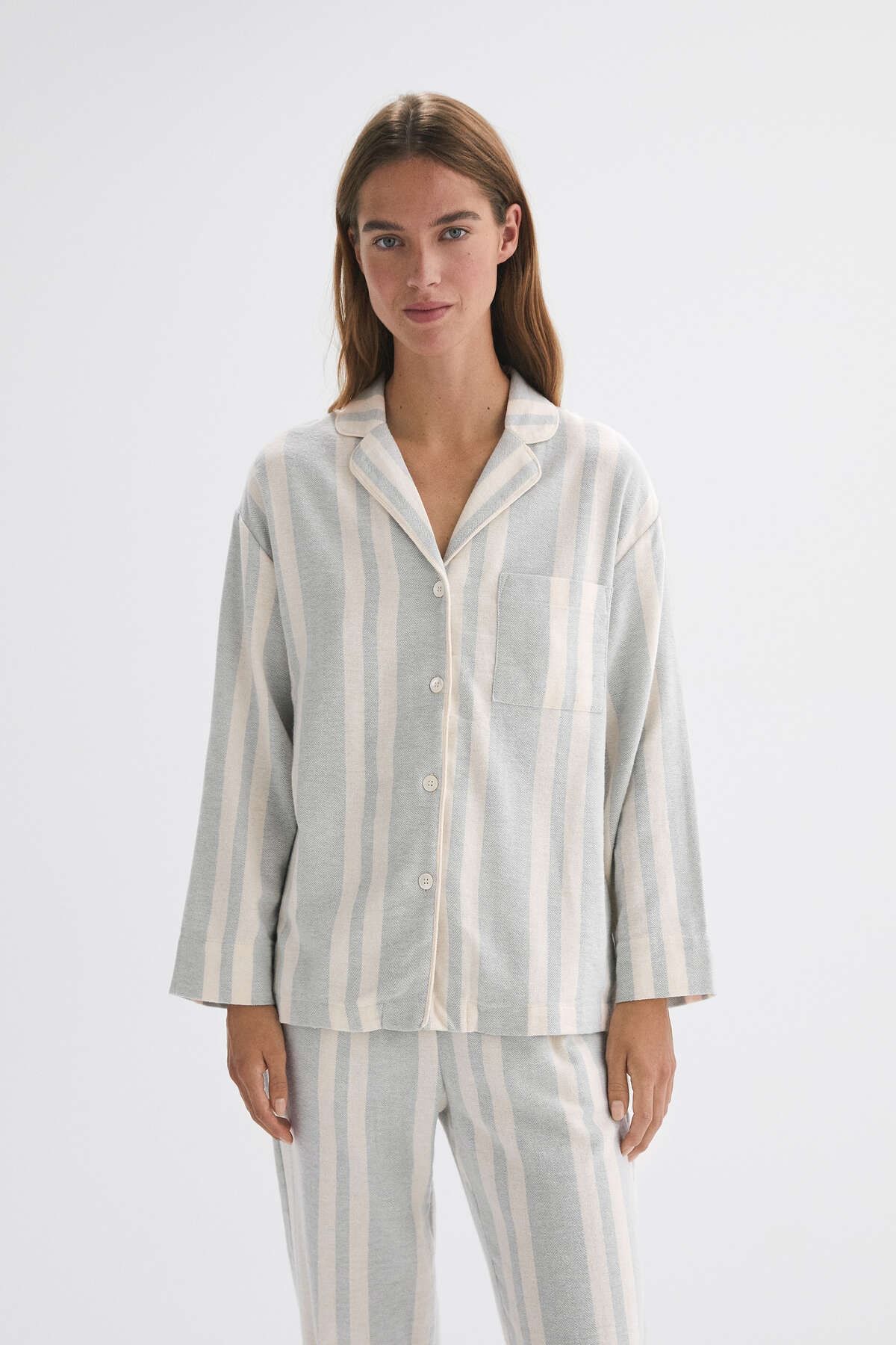 Oysho Extra Warm %100 Pamuklu Çizgili Uzun Kollu Gömlek