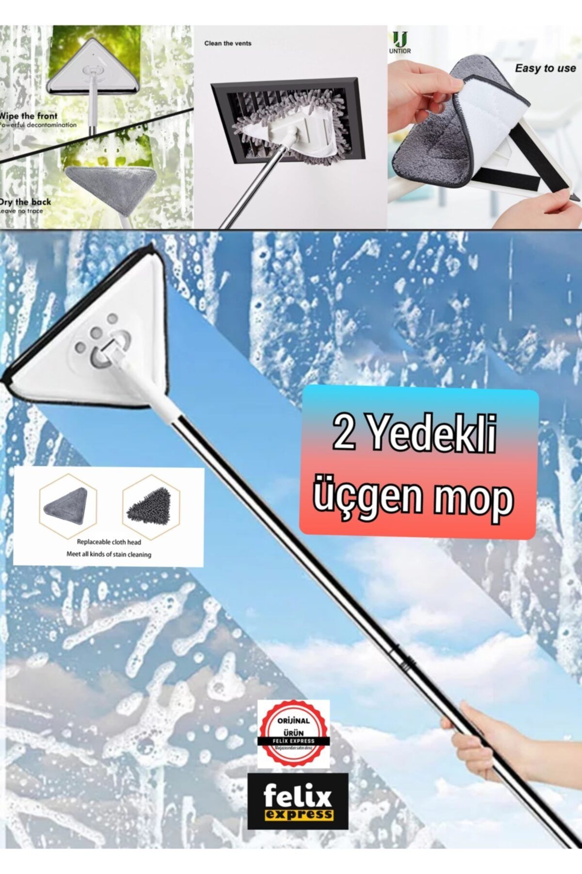 ALYA STAND Cam Temizleyici Teleskopik Üçgen Pas Pas Mop Temizleme