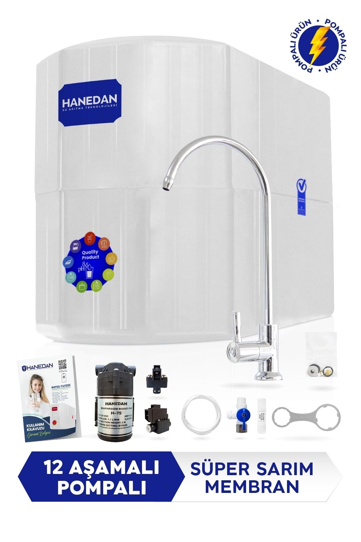 Hanedan Süper Sarım Pompalı 12 Aşamalı 7 Filtreli 12 Litre Metal Tanklı Kapalı Kasa Su Arıtma Cihazı