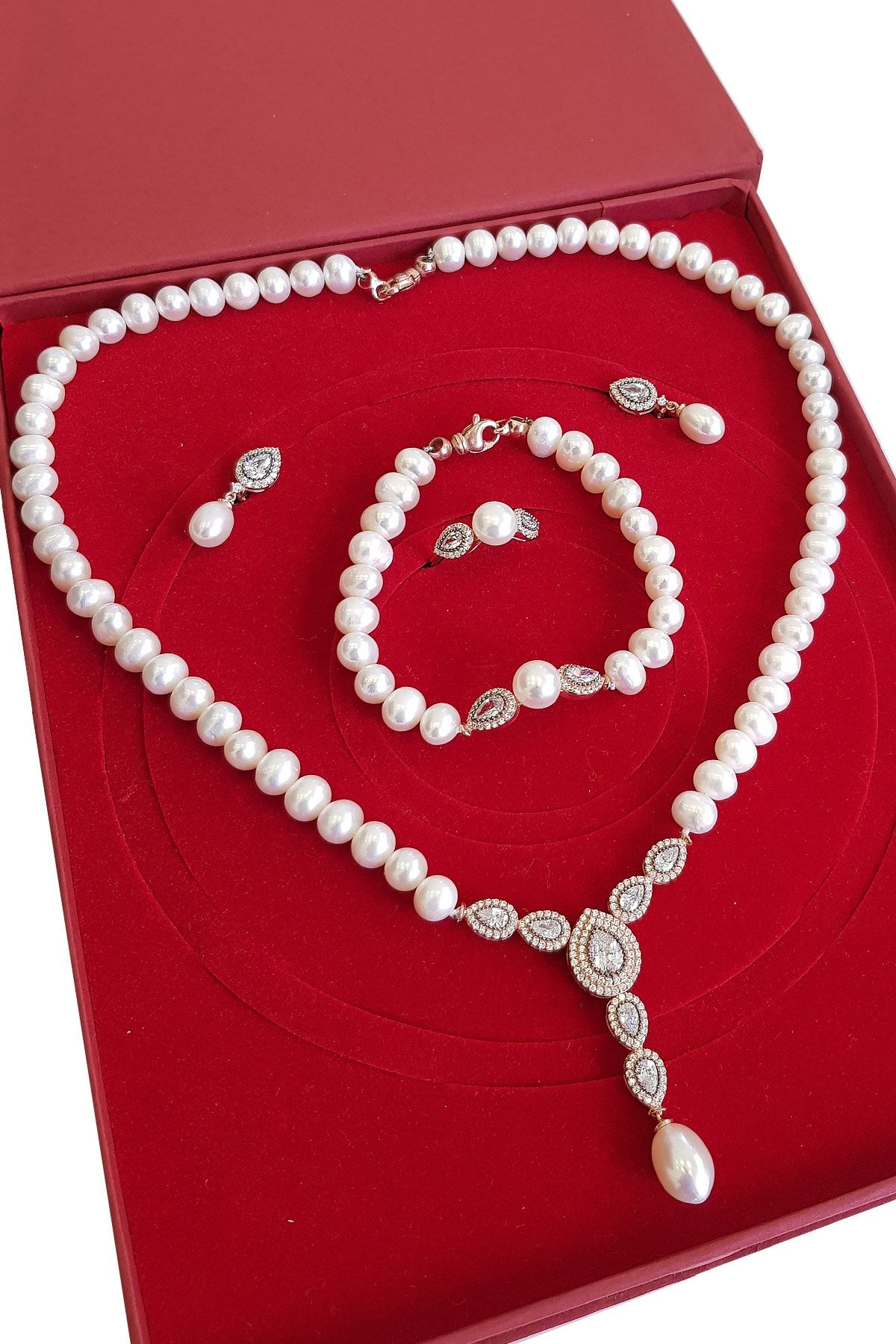 Chavin Inci Rose Gümüş Kolye Küpe Bileklik Yüzük Takım Set Ei71rs