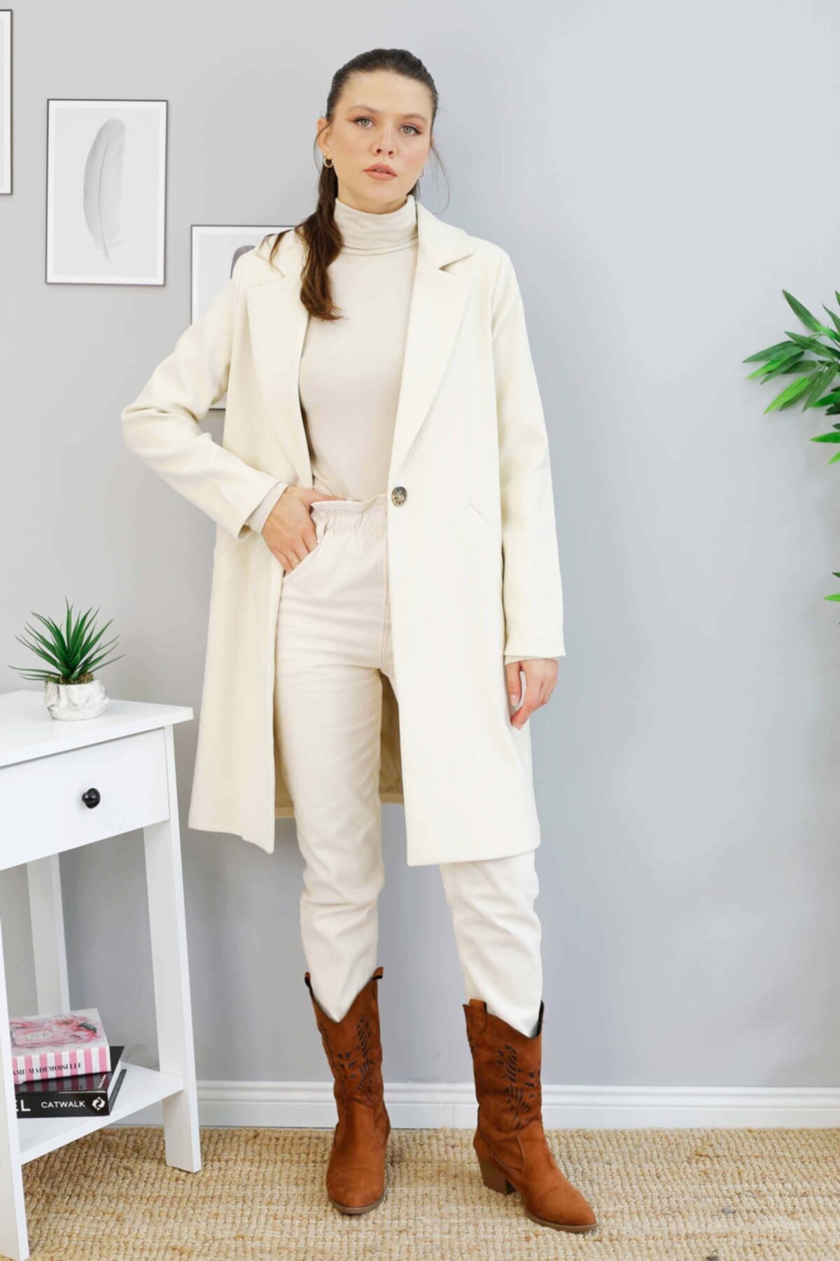 İmajButik Önü Düğme Detaylı Kaşe Kaban/ekru