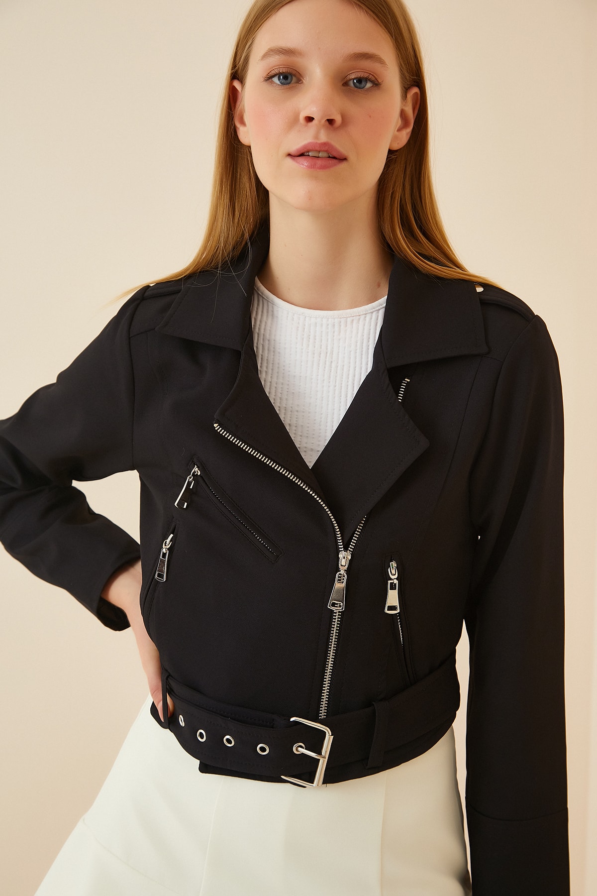 Happiness İst. Kadın Siyah Tasarım Dokuma Biker Mont N136 US00766