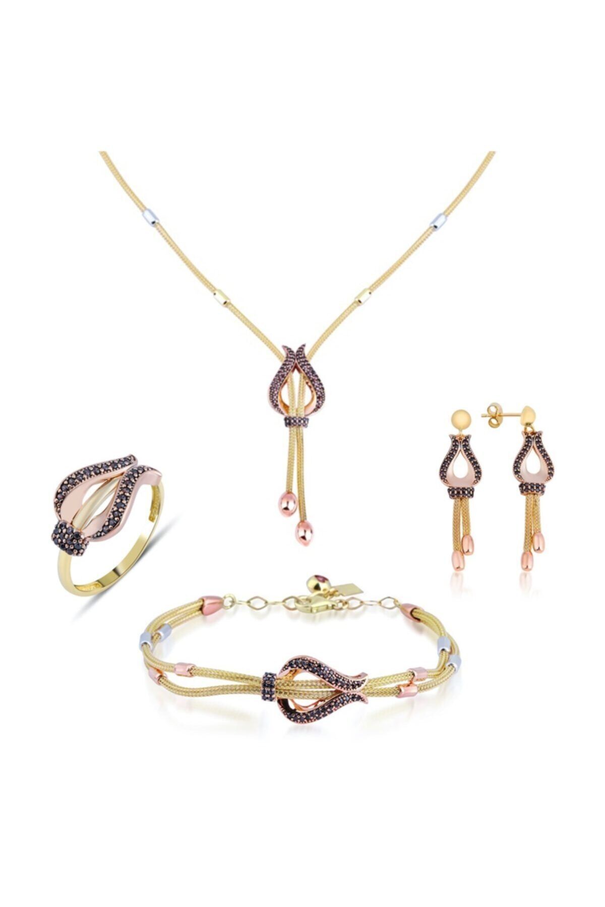Ema Jewellery Siyah Taşlı Lale Fantazi Set