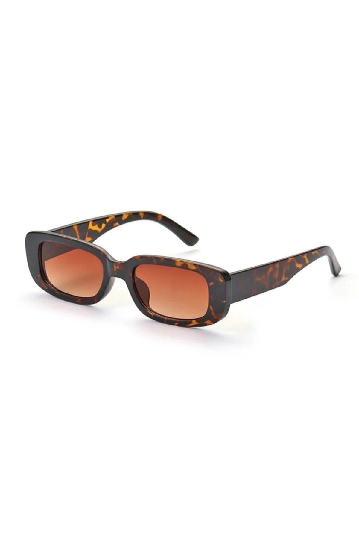 LOOKUP Unisex Kahverengi Leopar Dikdörtgen Vintage Retro Güneş Gözlüğü