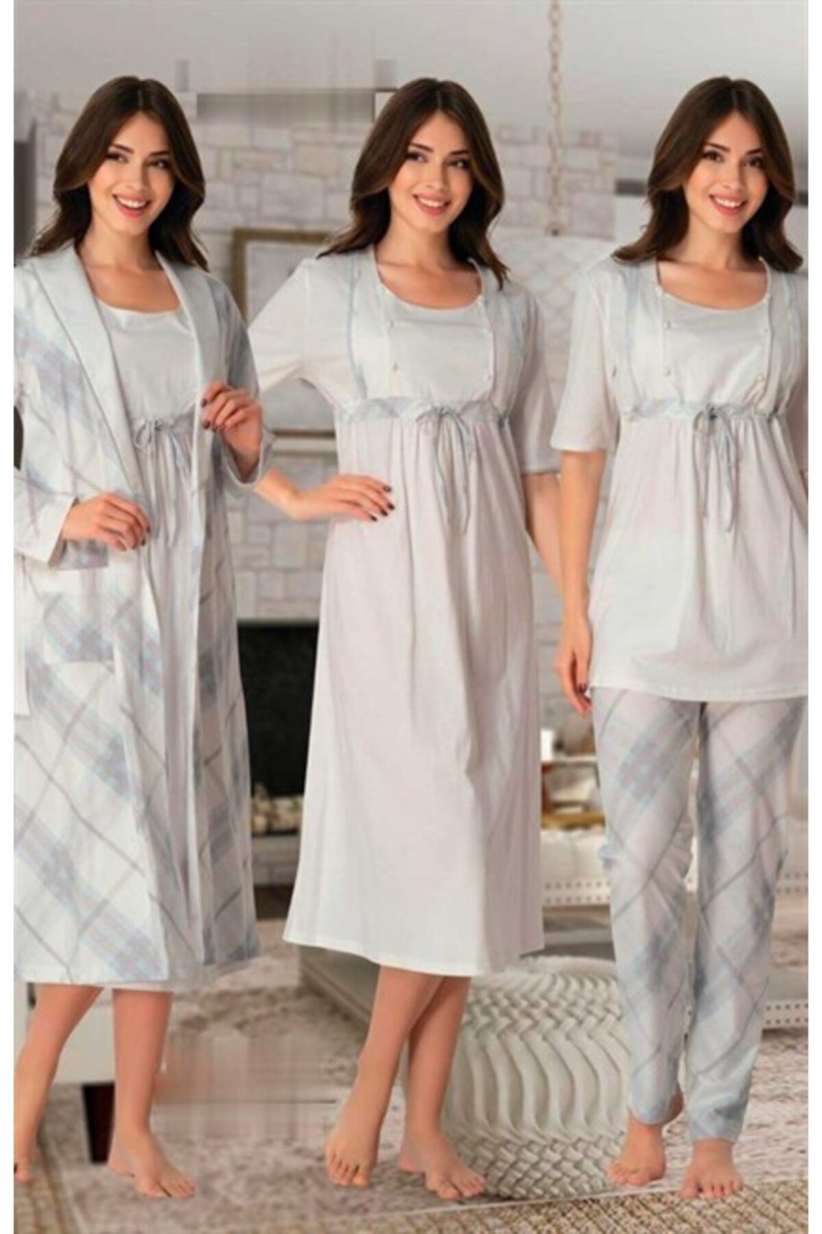 Effort Pijama Freya Effort Lohusa Hamile Sabahlık Gecelik Mavi Ekose Pijama Takımı