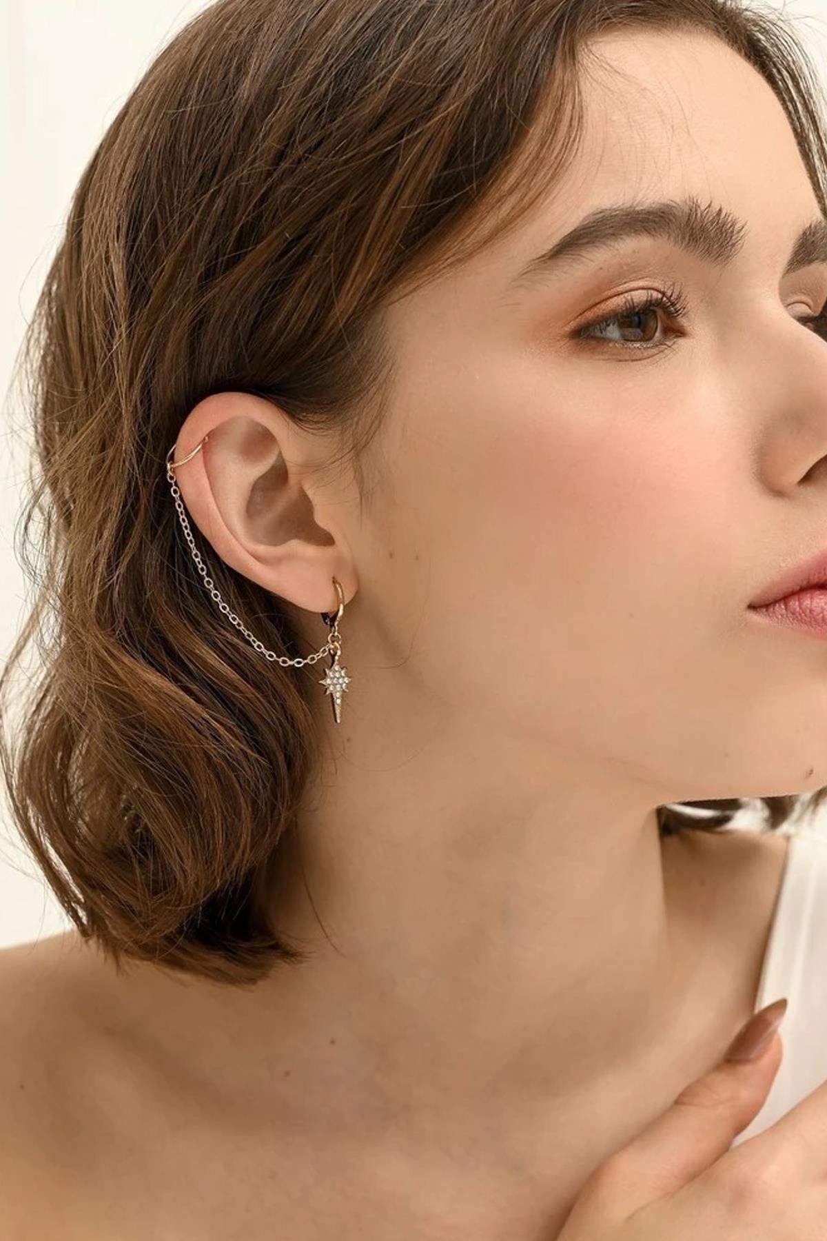 New Obsessions 18k Altın Kaplama Kuzey Yıldızı Sallantılı Kıkırdak Küpe
