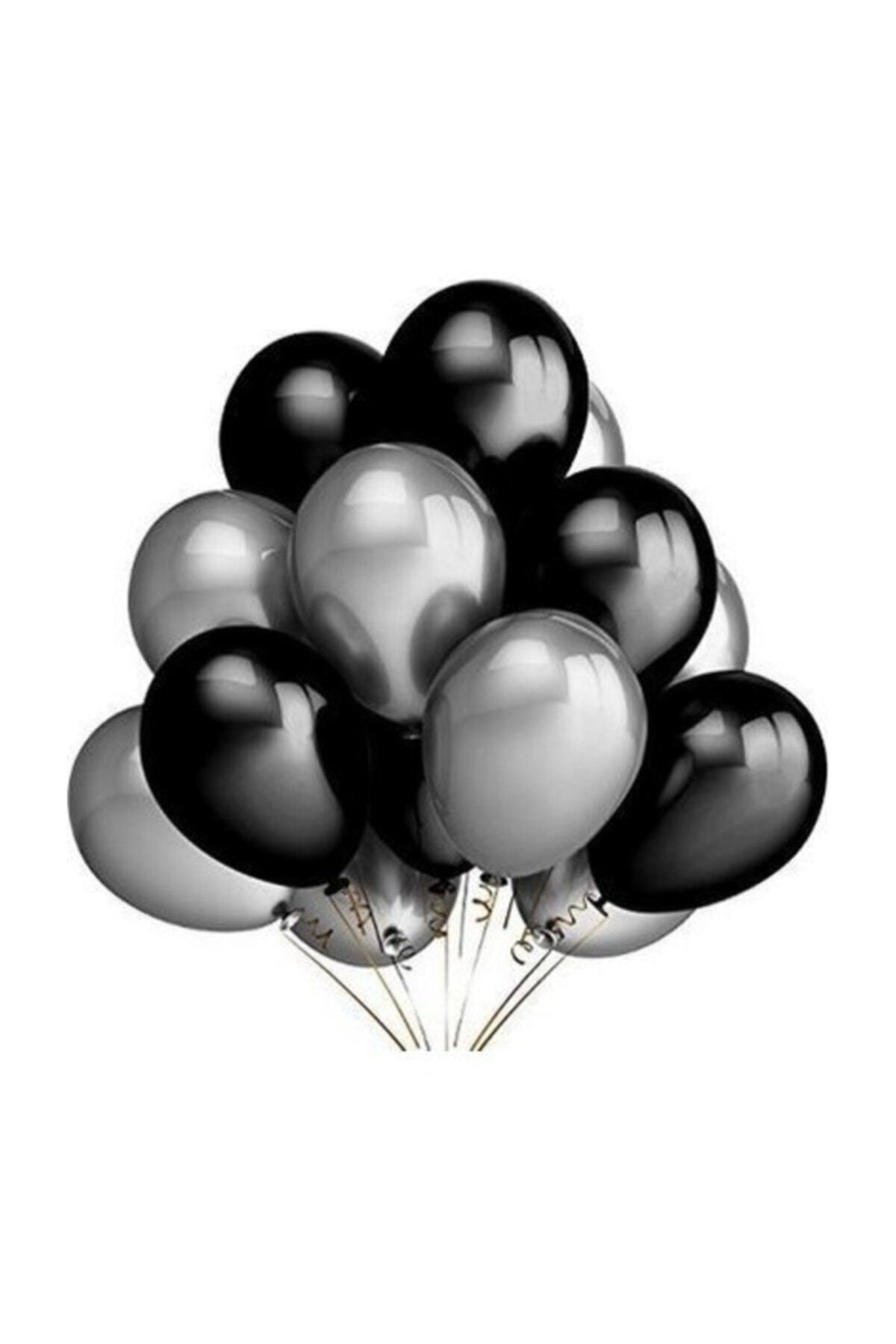 TATLI GÜNLER Partiniseç 25 Adet Metalik Sedefli (Siyah-gümüş Gri) Karışık Balon Helyumla Uçan
