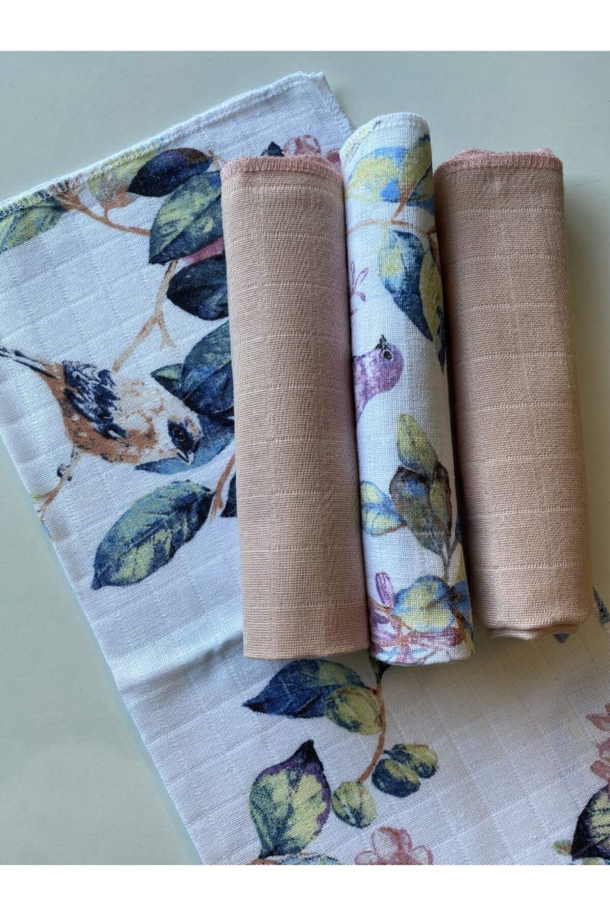 Leporem Baby&Home Leporem Kuş Desenli Ve Pudra Pembe Rengi %100 Pamuk Müslin Ağız Silme Bezi Ve Kurulama Bezi
