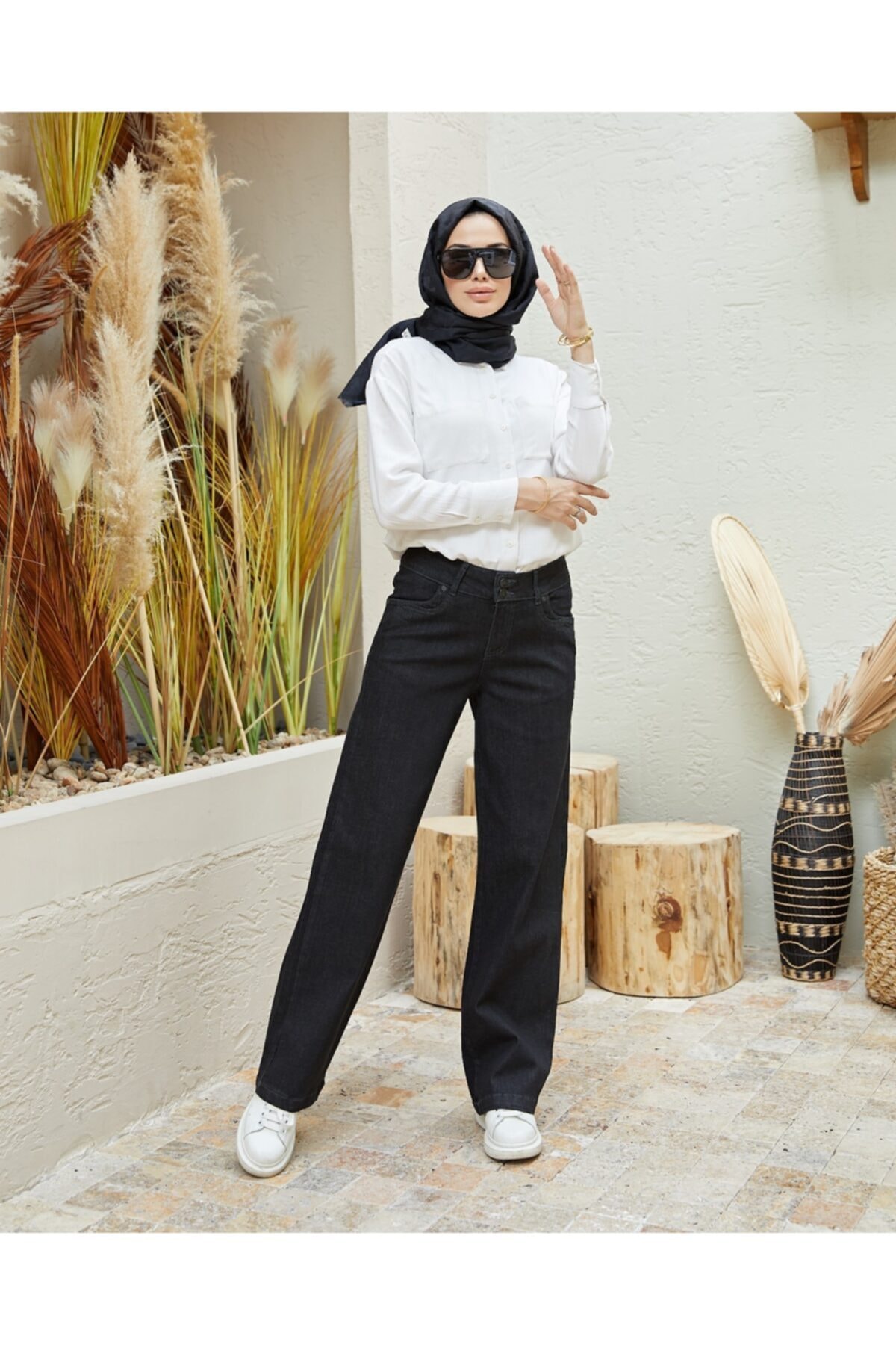 Neways Kadın Siyah Denim Bol Paça Pantolon