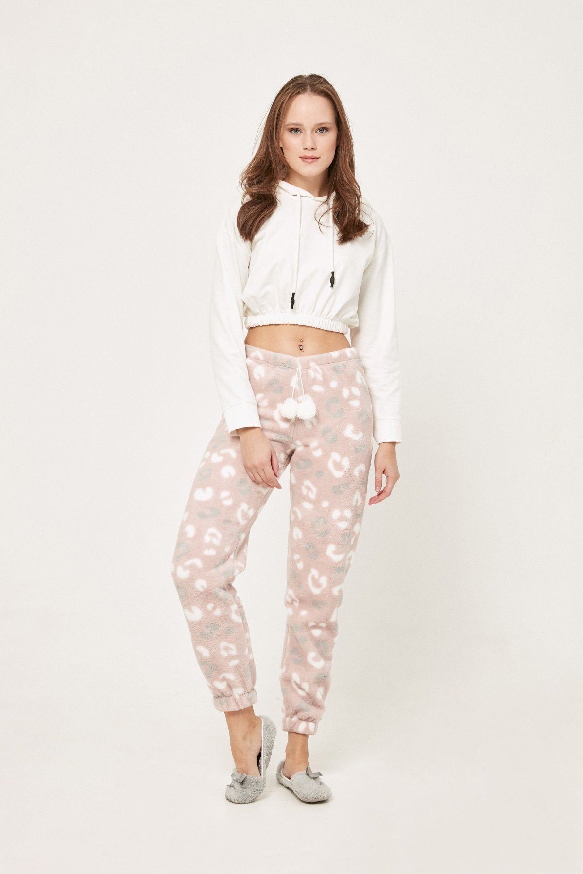 Fulla Moda Desenli Paçası Lastikli Peluş Pijama Altı