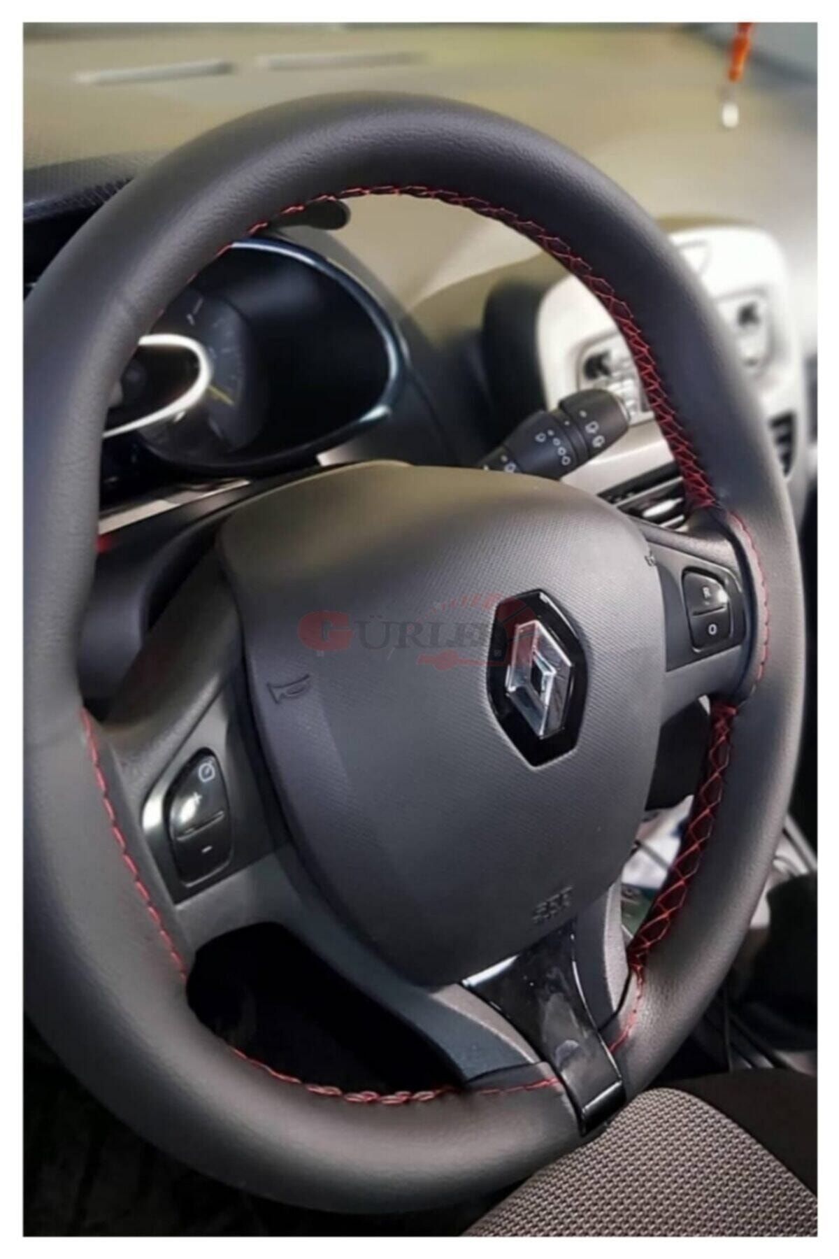 gürlerotoaksesuar Renault Clio 4 Dikmeli Deri Direksiyon Kılıfı Siyah Deri Kırmızı Ipli (11cm)