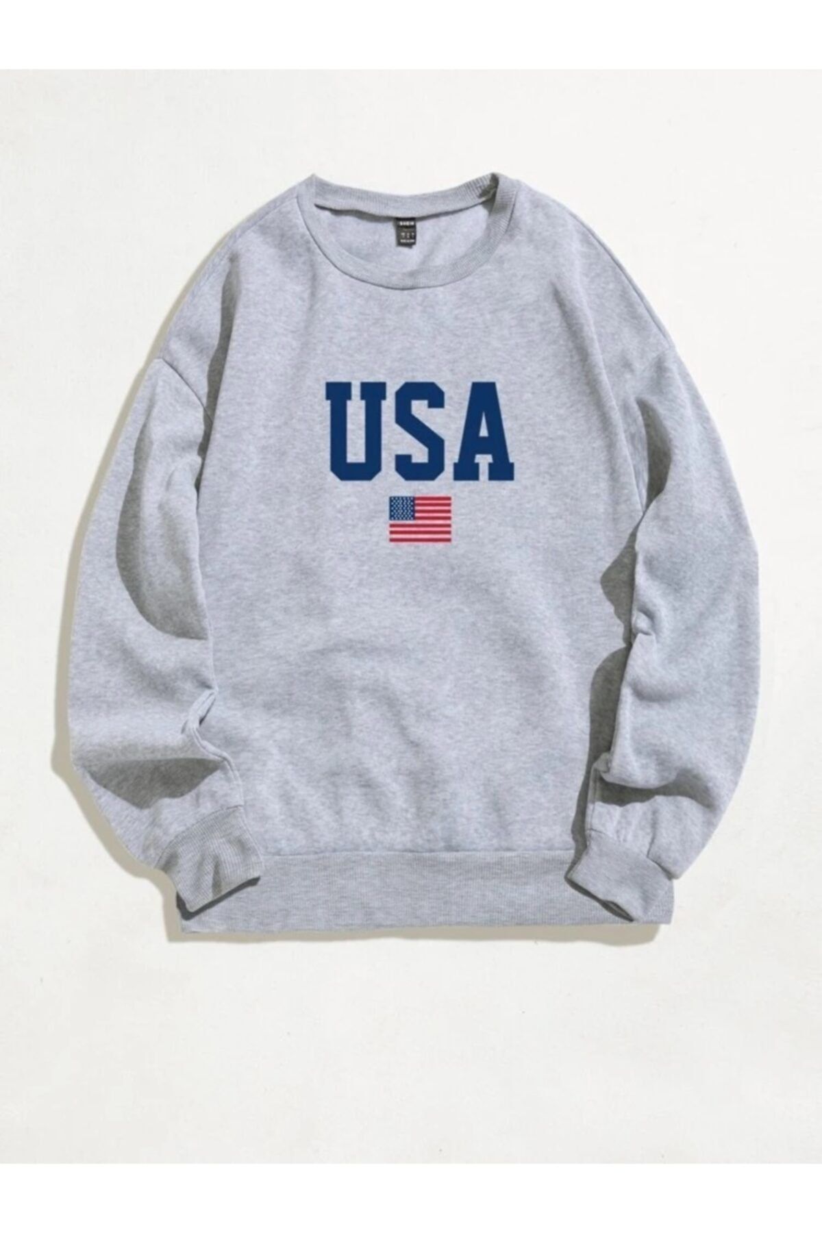 AFROGİYİM Kadın Gri Oversize Lacivert Usa Bayraklı Baskılı Örme Polar Sweatshirt