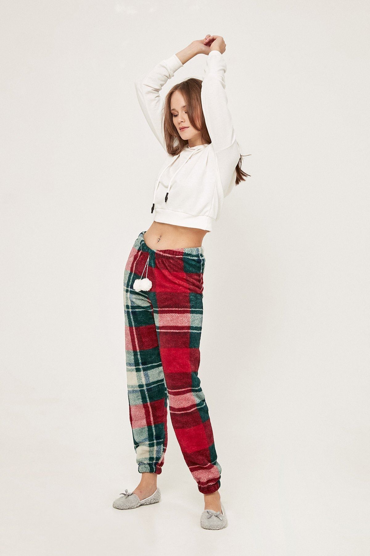 Fulla Moda Ekose Desenli Paçası Lastikli Peluş Pijama Altı
