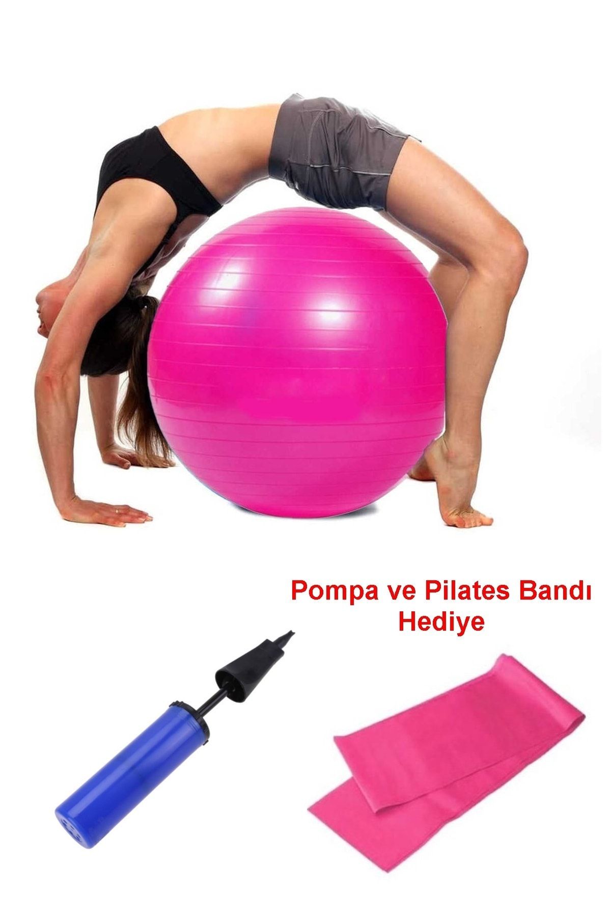 İndirimKap 55 Cm Fitilli Pilates Topu Ve Pompa Seti Plates Yoga Spor Egzersiz Top Jimnastik Fitness Gym Pembe