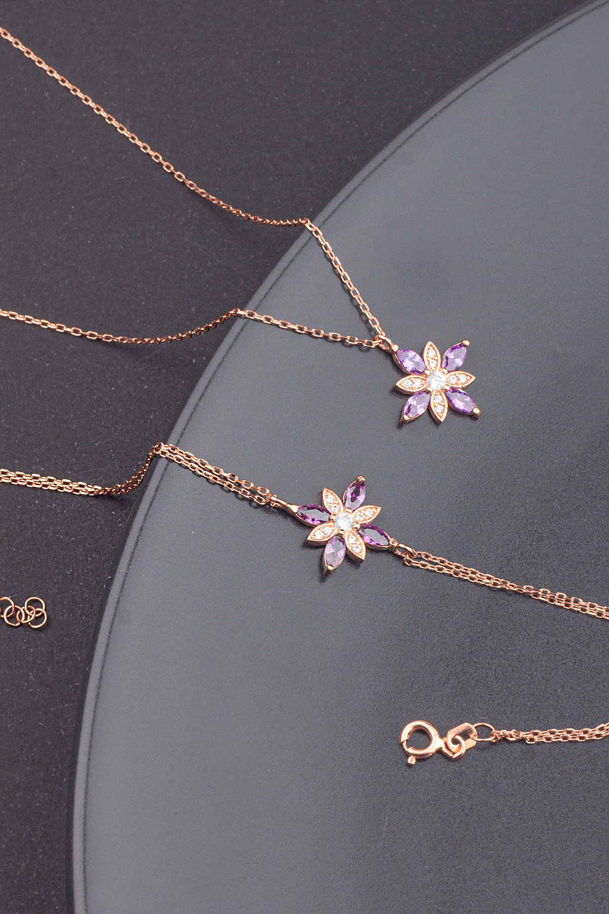 Linterna 925 Ayar Gümüş Ametist Taşlı Umut Çiçeği Kolye Bileklik Set