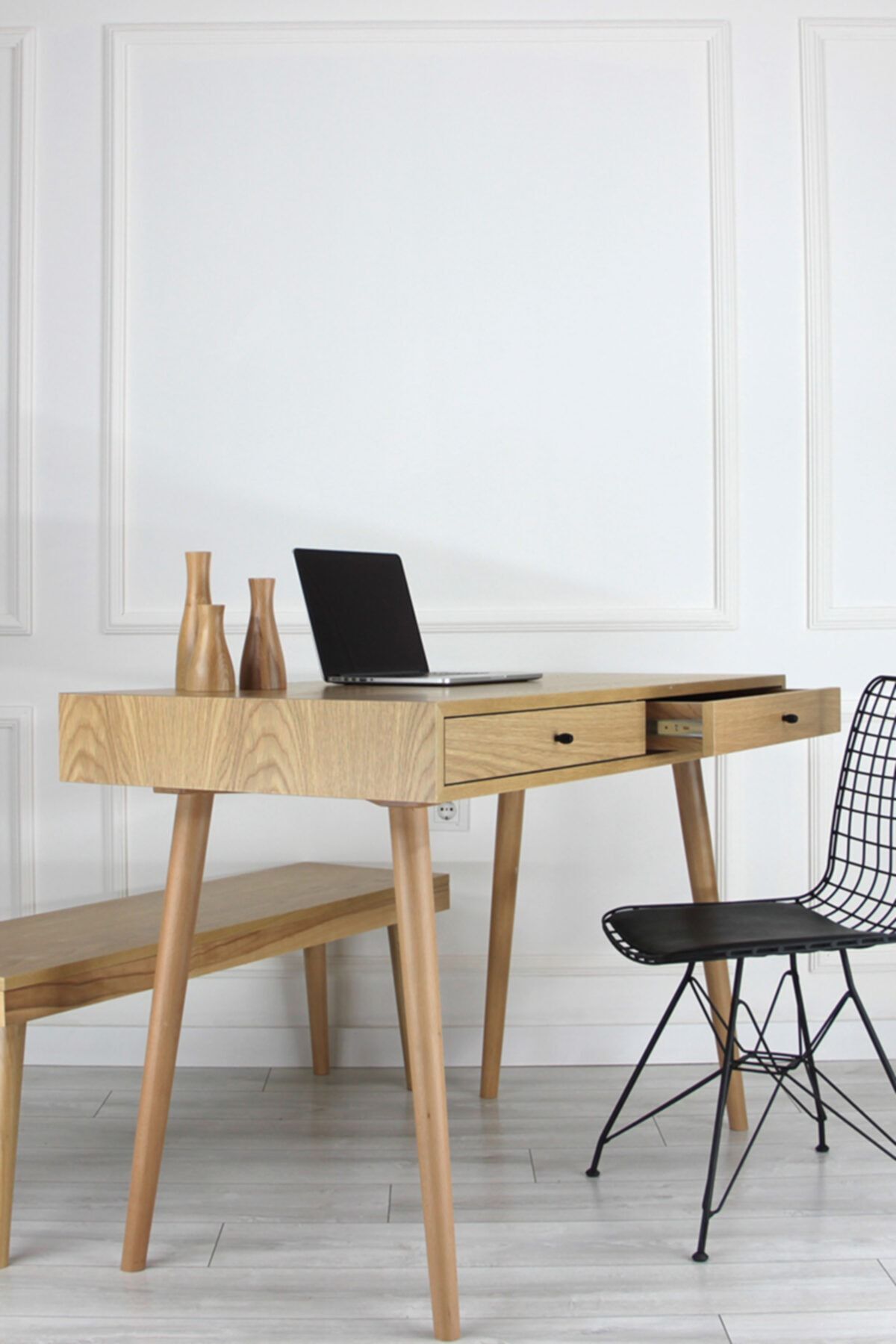 Deta Furniture Çalışma Masası Doğal Meşe Kaplama Çekmeceli