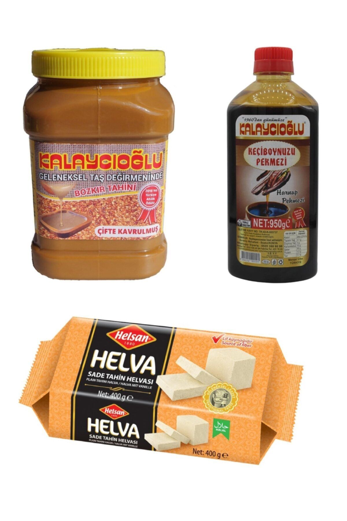 Belde Dere Kalaycıoğlu Kepeksiz Bozkır Tahini 935 Gr + Helsan Glikozsuz Sade Helva 400 Gr + Kalaycıoğlu Harnup