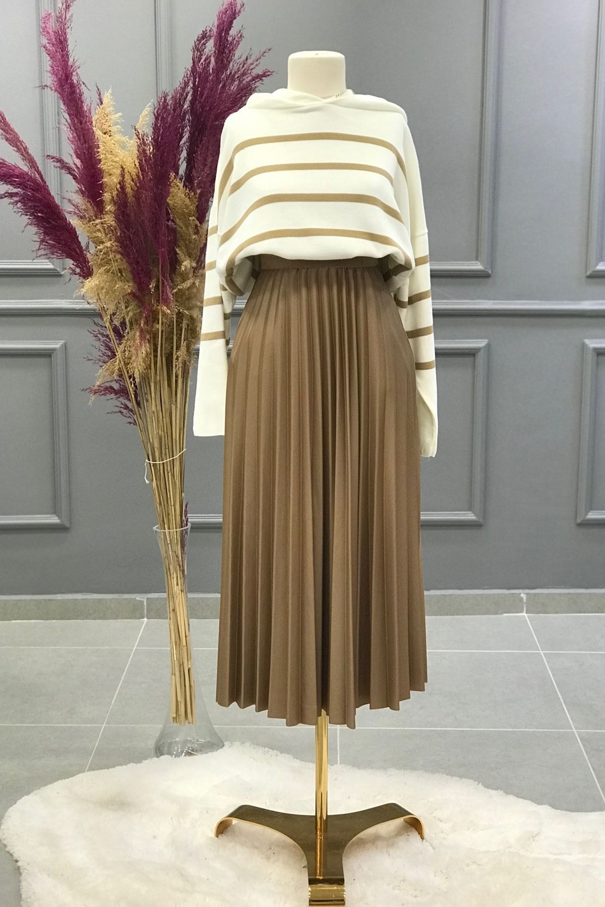 Ebrar Store Piliseli Deri Etek-sa2375-vizon