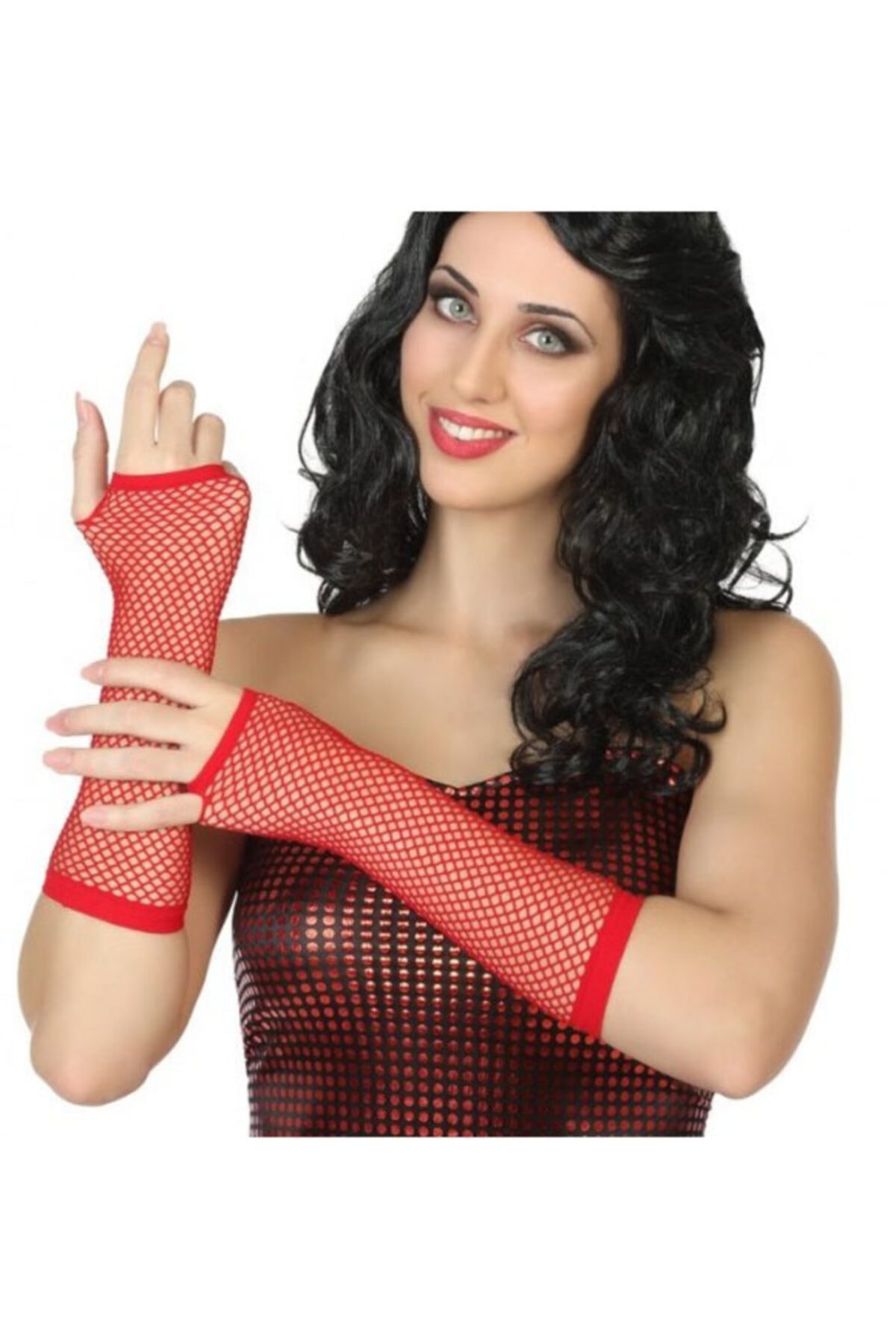 DNZ İNCE Parti Aksesuar Uzun File Örgü Eldiven Kırmızı Renk