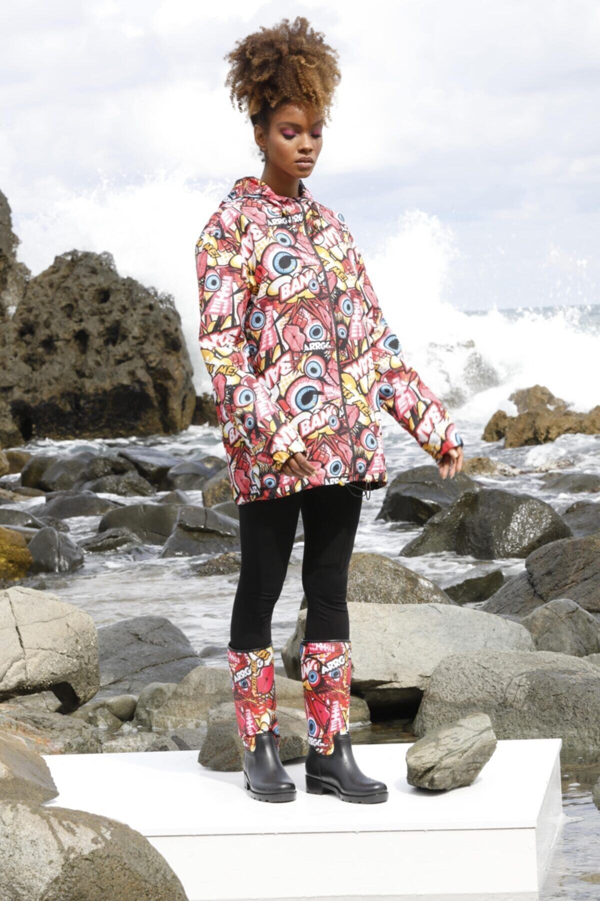 BASKİDO Baskılı , File Detaylı Rüzgarlık , Yağmurluk (kiss Me)