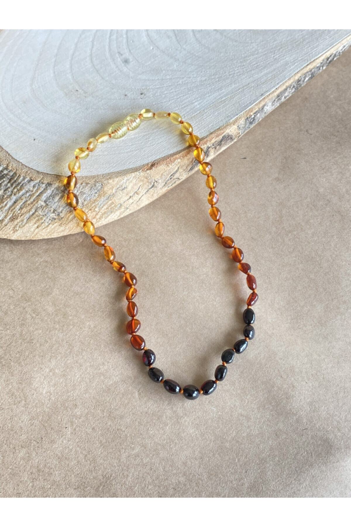 Amberistan Kehribar Kolye Degrade Rengi Sertifikalı Litvanya Baltık Yassı Kesim Kehribar Kolye 32 cm