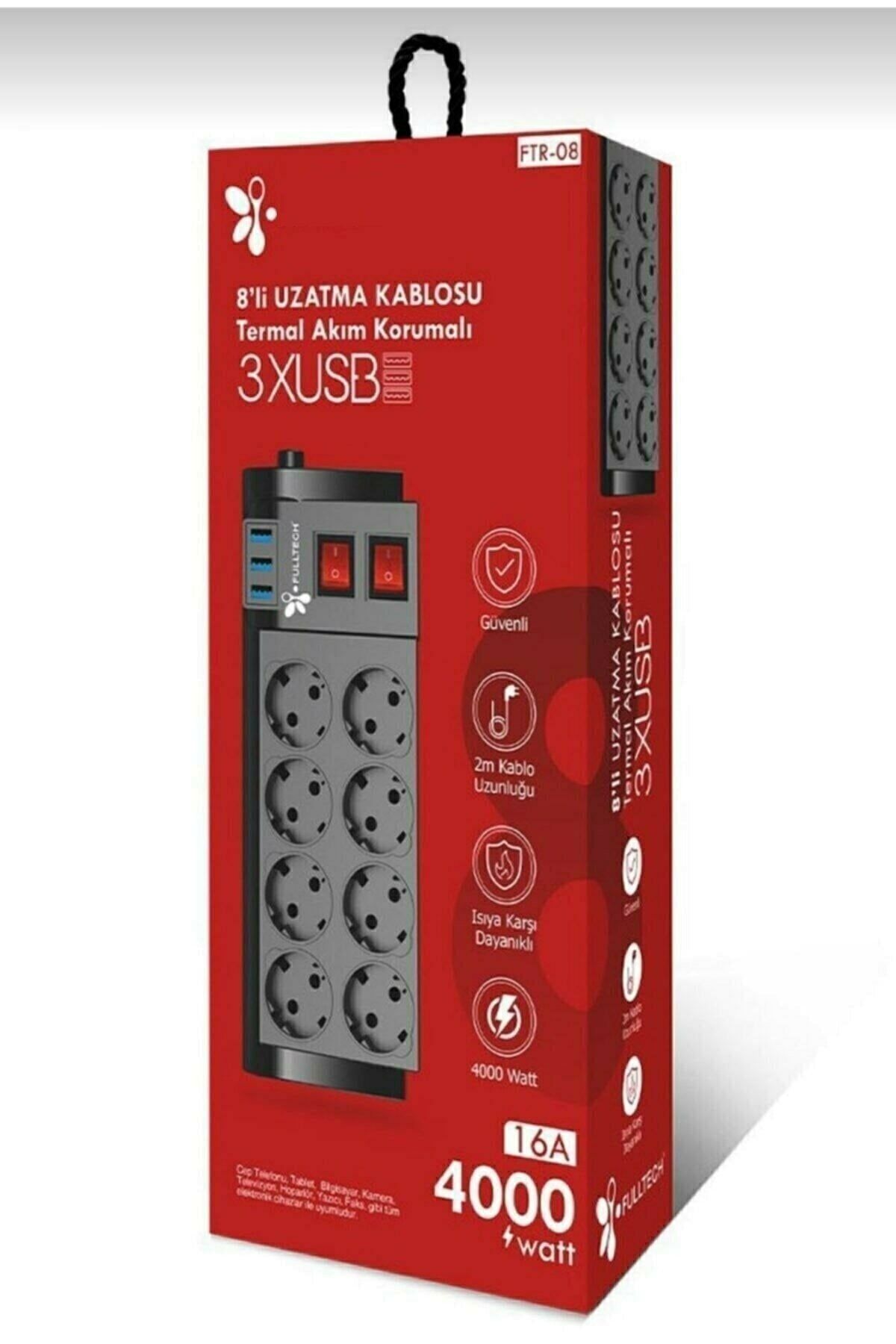 BST BRANDSHOPPİNGTR 2 Metre Uzatma Kablosu Çoklu Priz Termal Akım Korumalı 8'li Priz 3 Usb Li Usb Priz