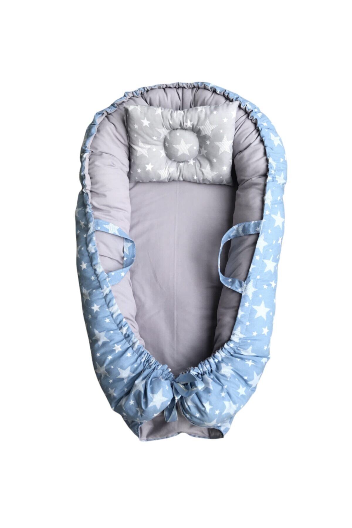 storkia Babynest Çift Taraflı Mavi Yıldızlı Bebek Yatağı Anne Yanı Yatak Yastıklı