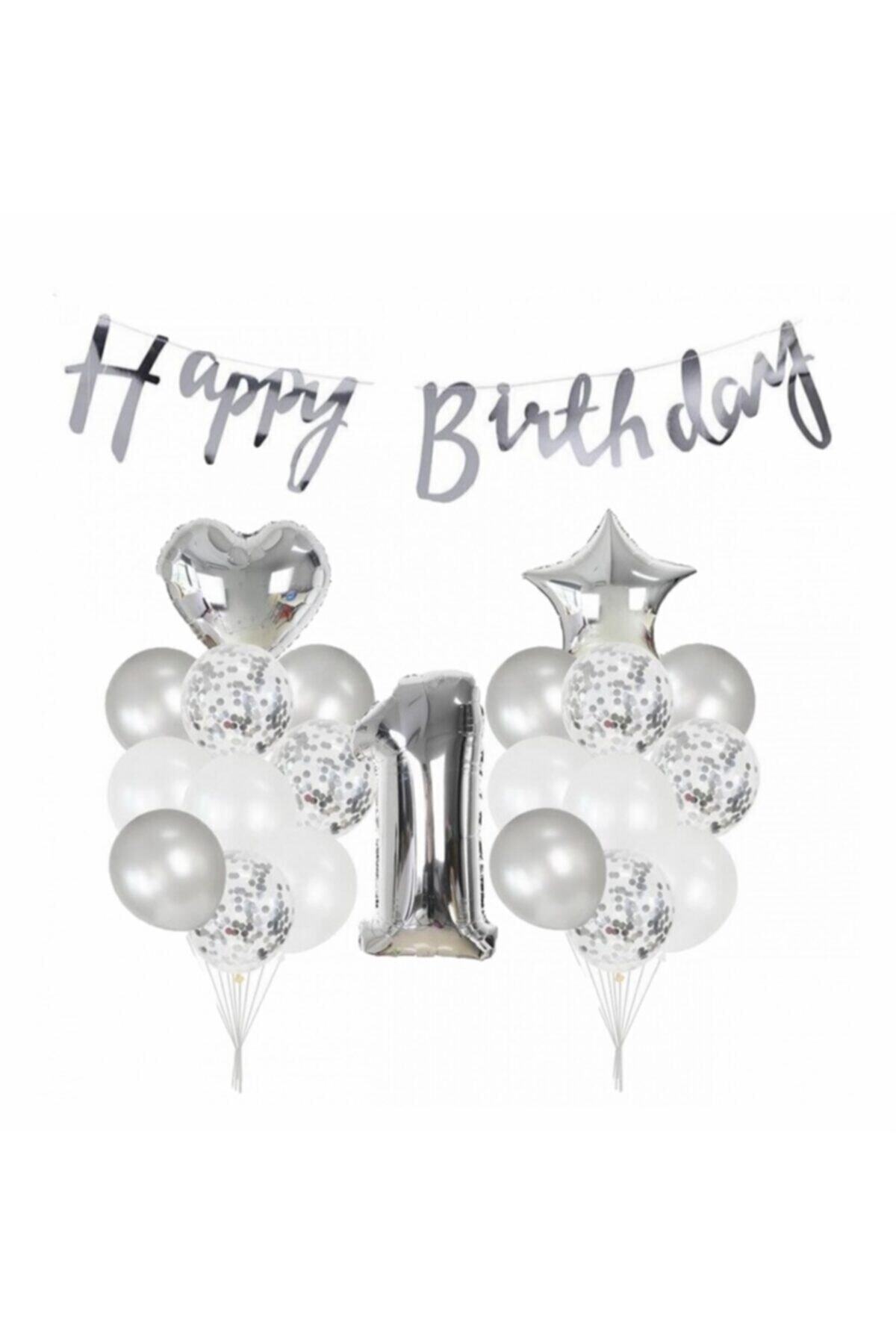 Deniz Party Store 1 Yaş Metalik Gümüş Kaligrafi Happy Bırthday Yazılı Gümüş Konfetili Balon Seti