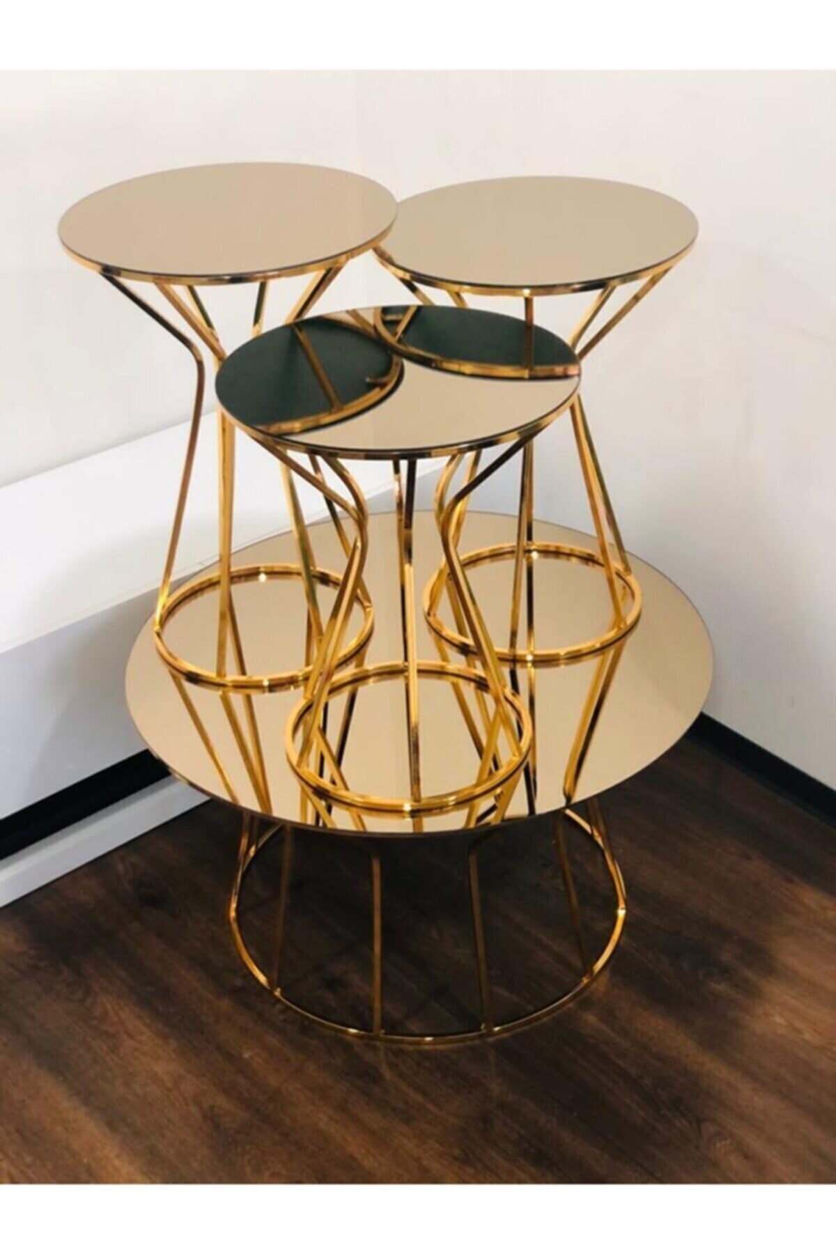 BMS 37 Zigon Sehpa Ve Orta Sehpa Takımı Gold Metal Bronz Ayna