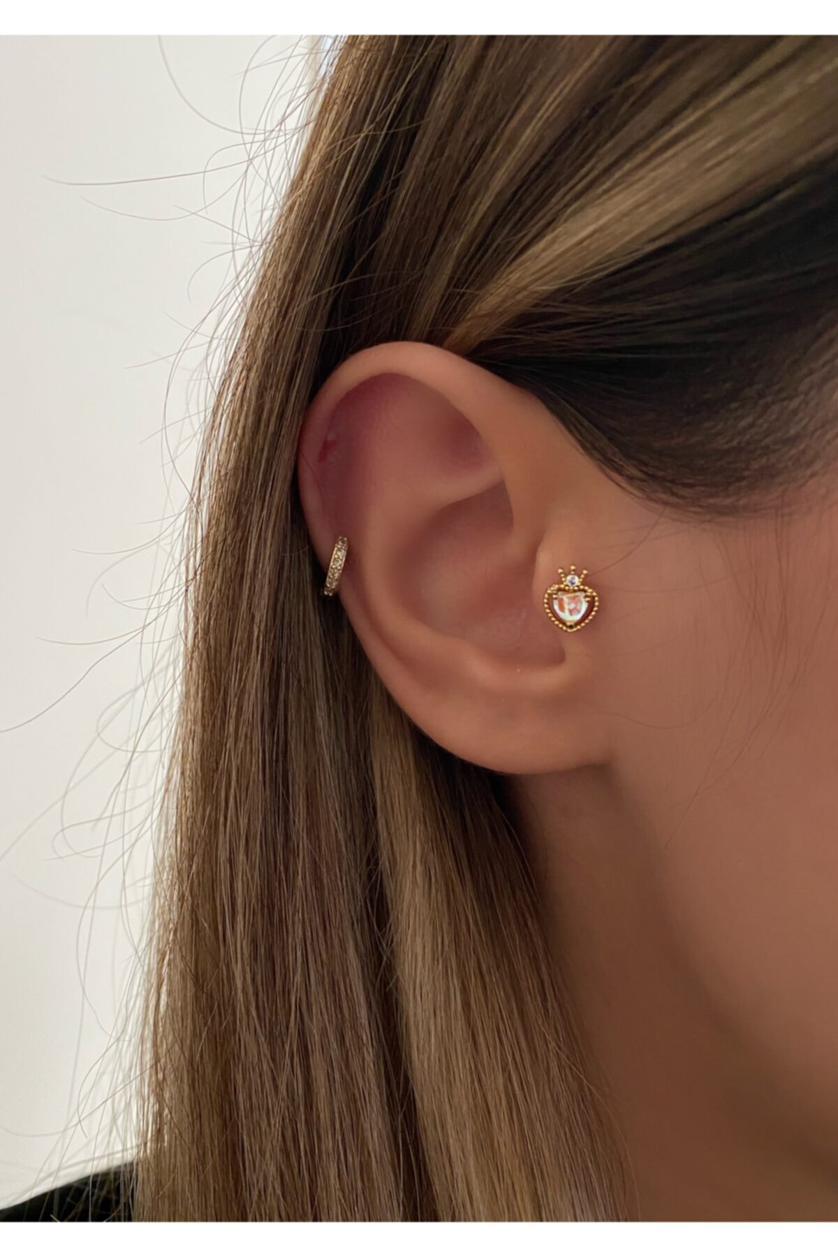 Okkostore Kadın Opal Taşlı Kalp Tragus Kıkırdak Piercing