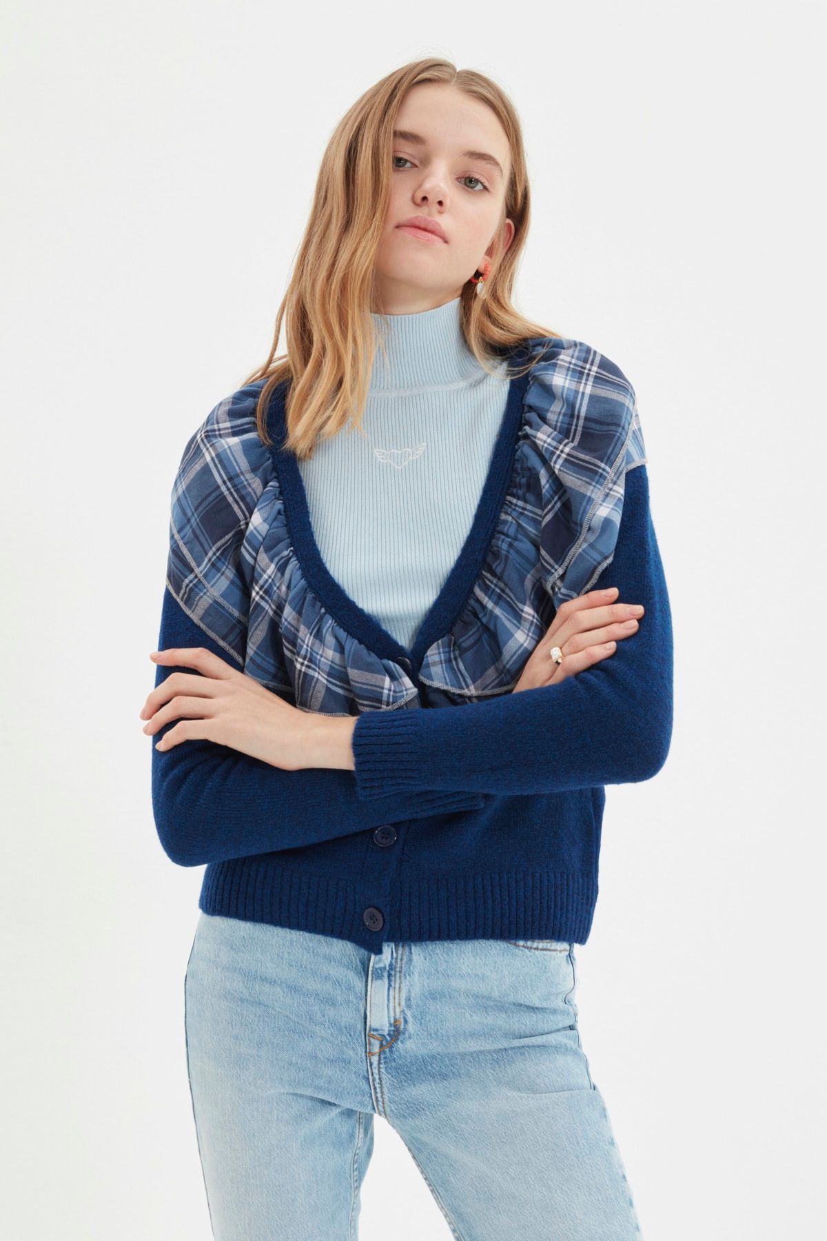 TRENDYOLMİLLA Lacivert Fırfır Detaylı Triko Hırka TWOAW22HI0242
