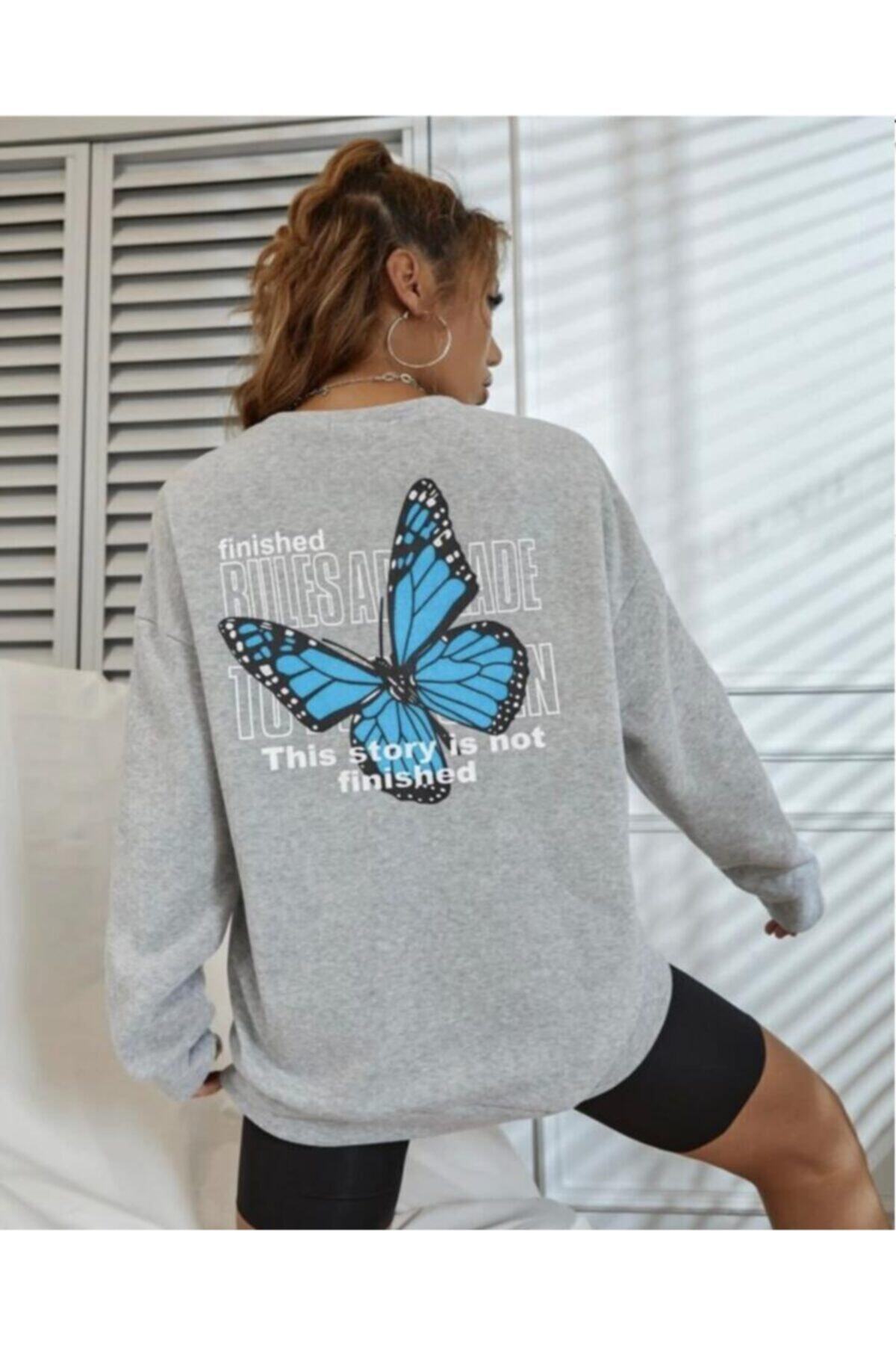 wicromed Kadın Mavi Kelebek Baskılı Gri Oversize Sweatshirt
