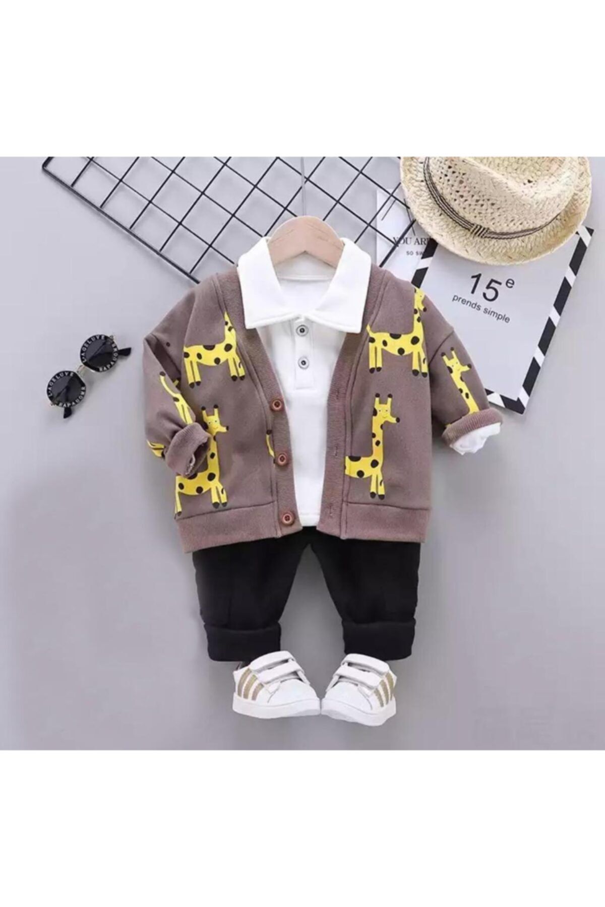 Beren Kids Zürafa Desenli Önden Düğmeli Bebek 3'lü Takım