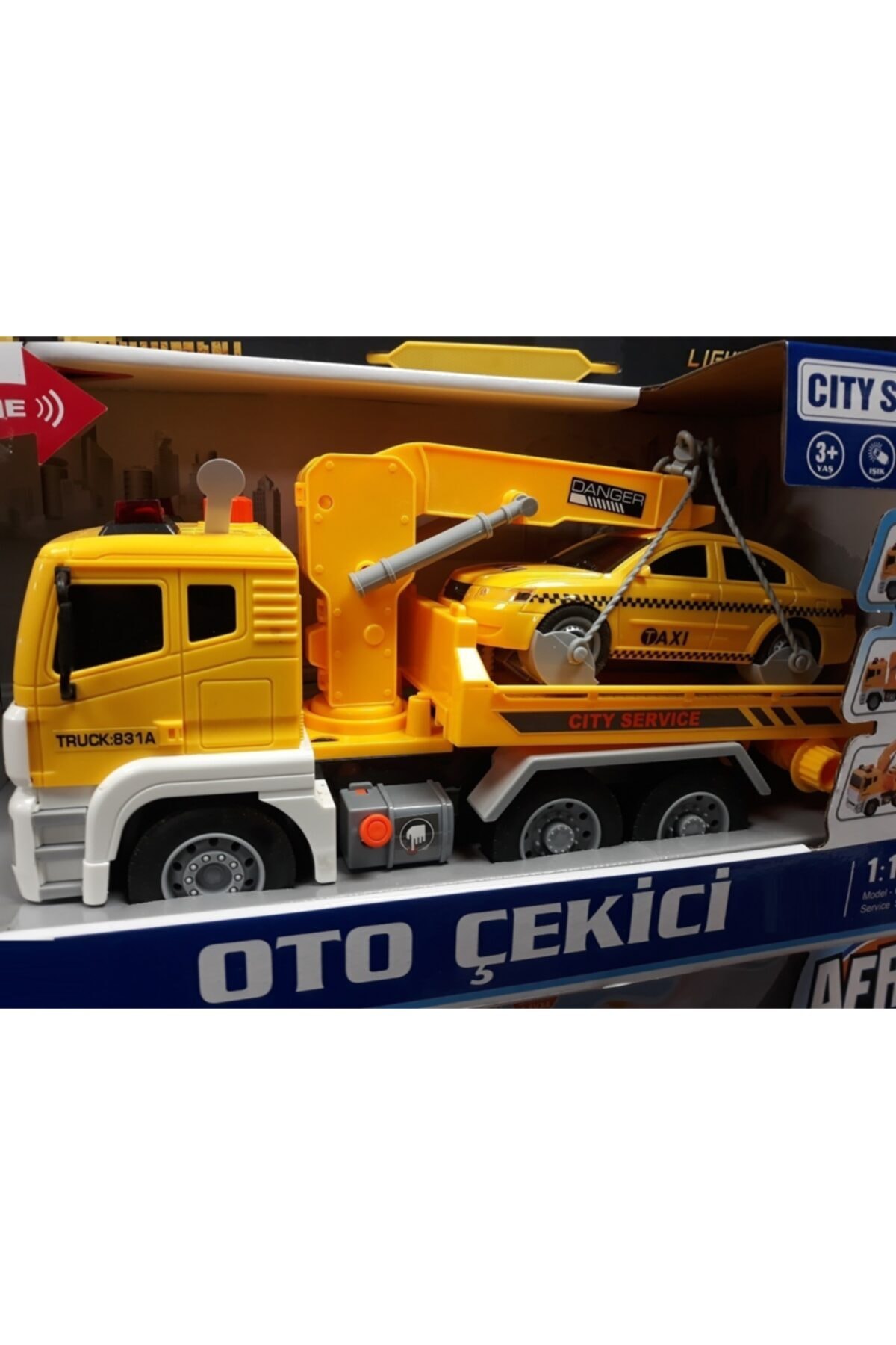 OYUNCAKSAHİLİ Çekici Işıklı Sesli Efekt Kırılmaz Oyuncak Vinçli Taşıyıcı Sarı Taksi Kurtarıcı