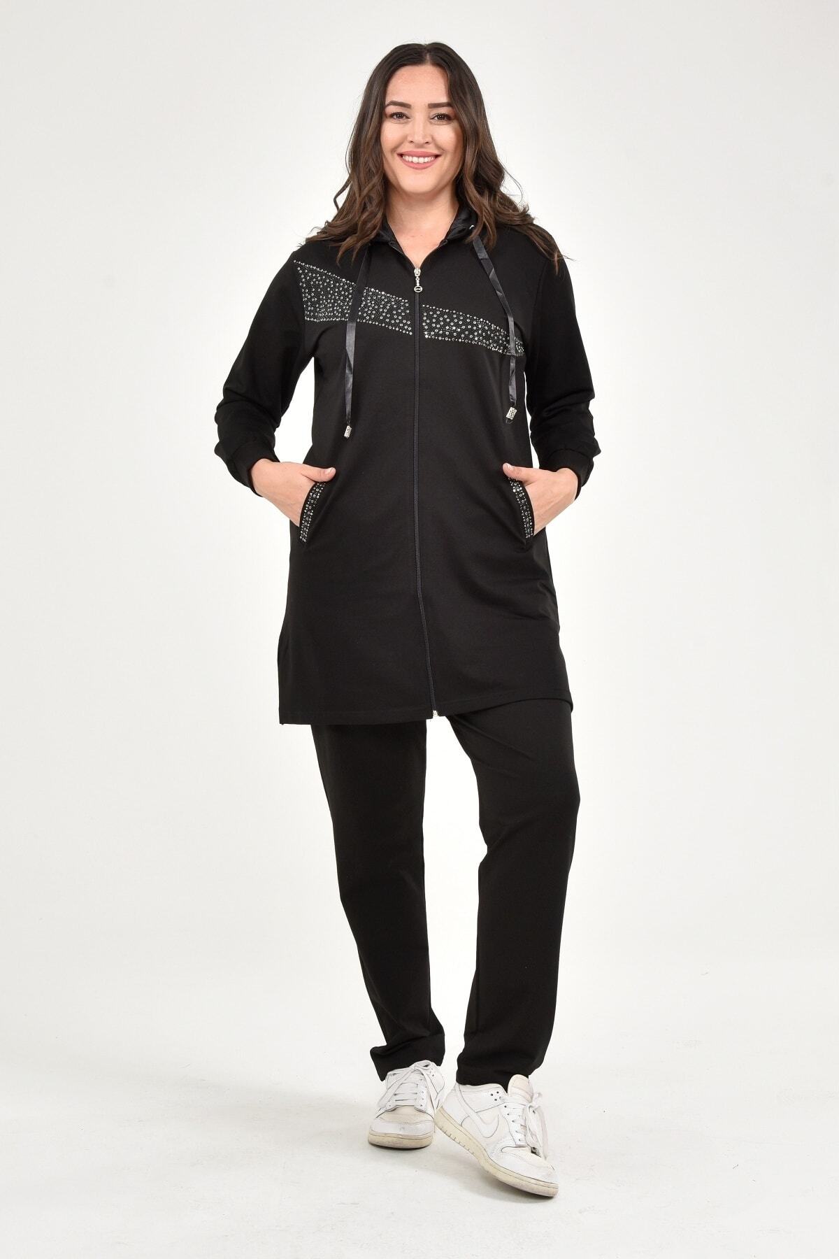 Heves Giyim Tesettür Büyük Beden Taş Işlemeli Siyah Eşofman Takım