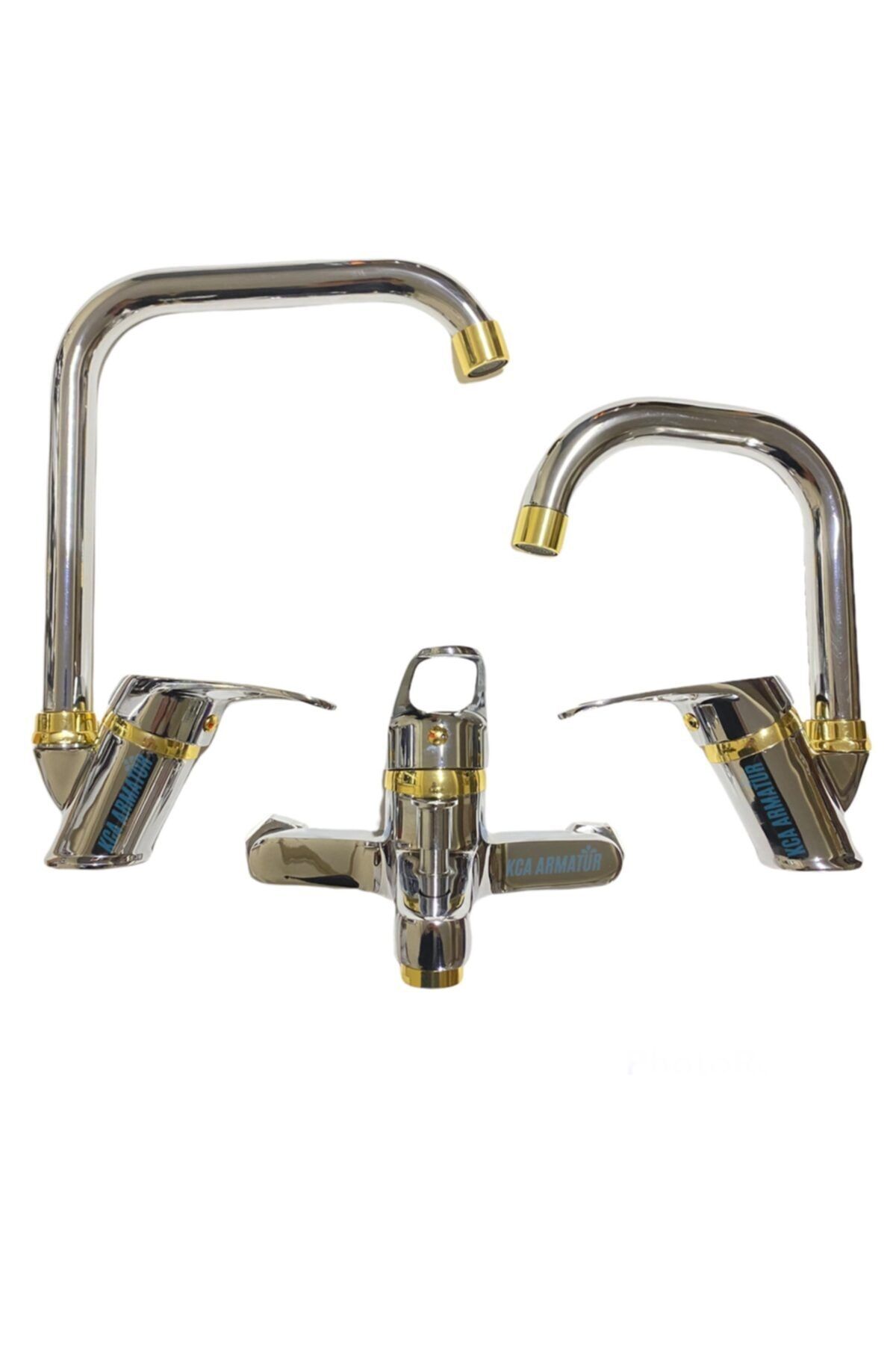 KCA ARMATÜR Kca Lüx Krom Gold Detay Mutfak - Lavabo - Banyo Prime Musluk Batarya Çeşme Set