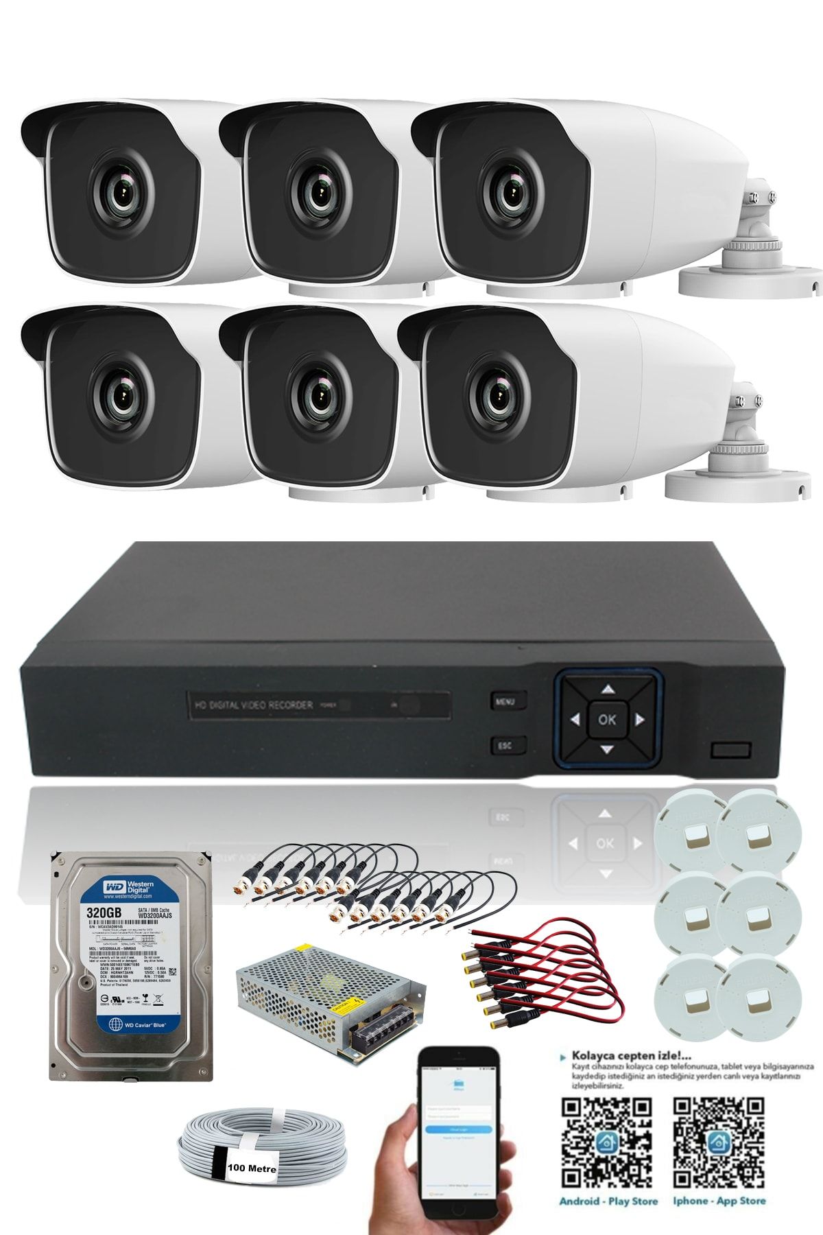 SUNVEO 6 Kameralı 5mp Lensli 1080p Fullhd Kamera Seti - Gece Görüşlü - Su Geçirmez - Cepten Izlemeli