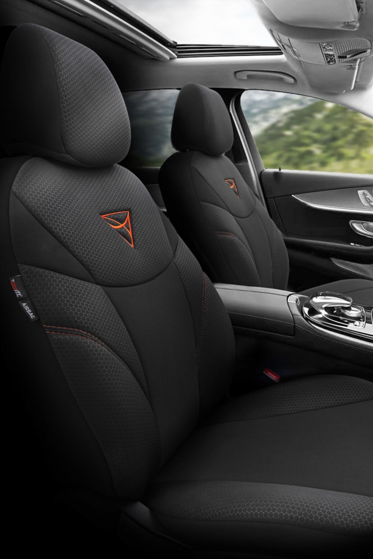 Otom Airbag Dikişli Özel Tasarım Koruyucu Oto Koltuk Kılıfı Tam Set - Aura Design Siyah-turuncu