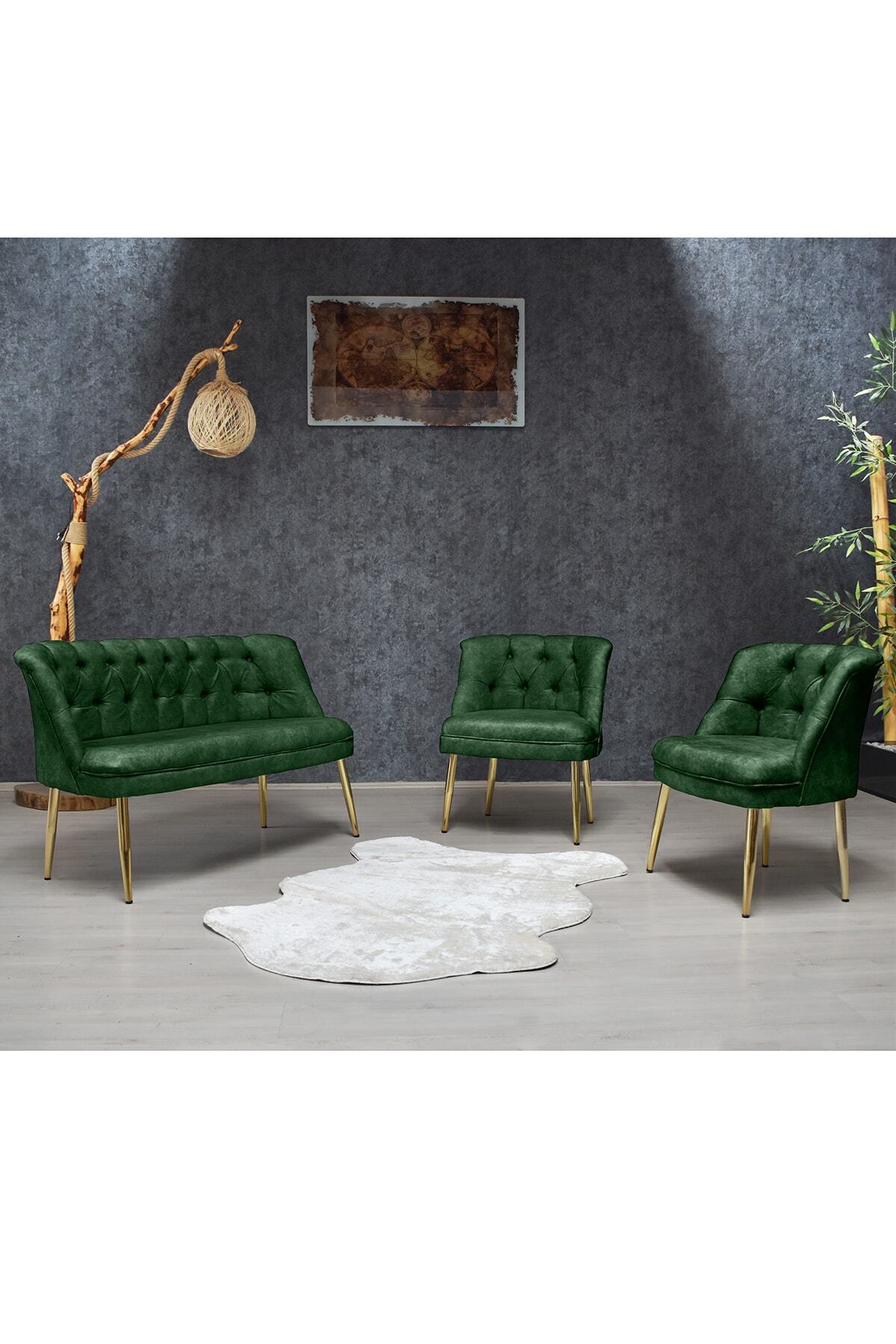 Olinpa Kolsuz Çay Seti 2+1+1 Balkon Ofis Cafe Bahçe Koltuk Takımı | Gold Metal Ayak Haki