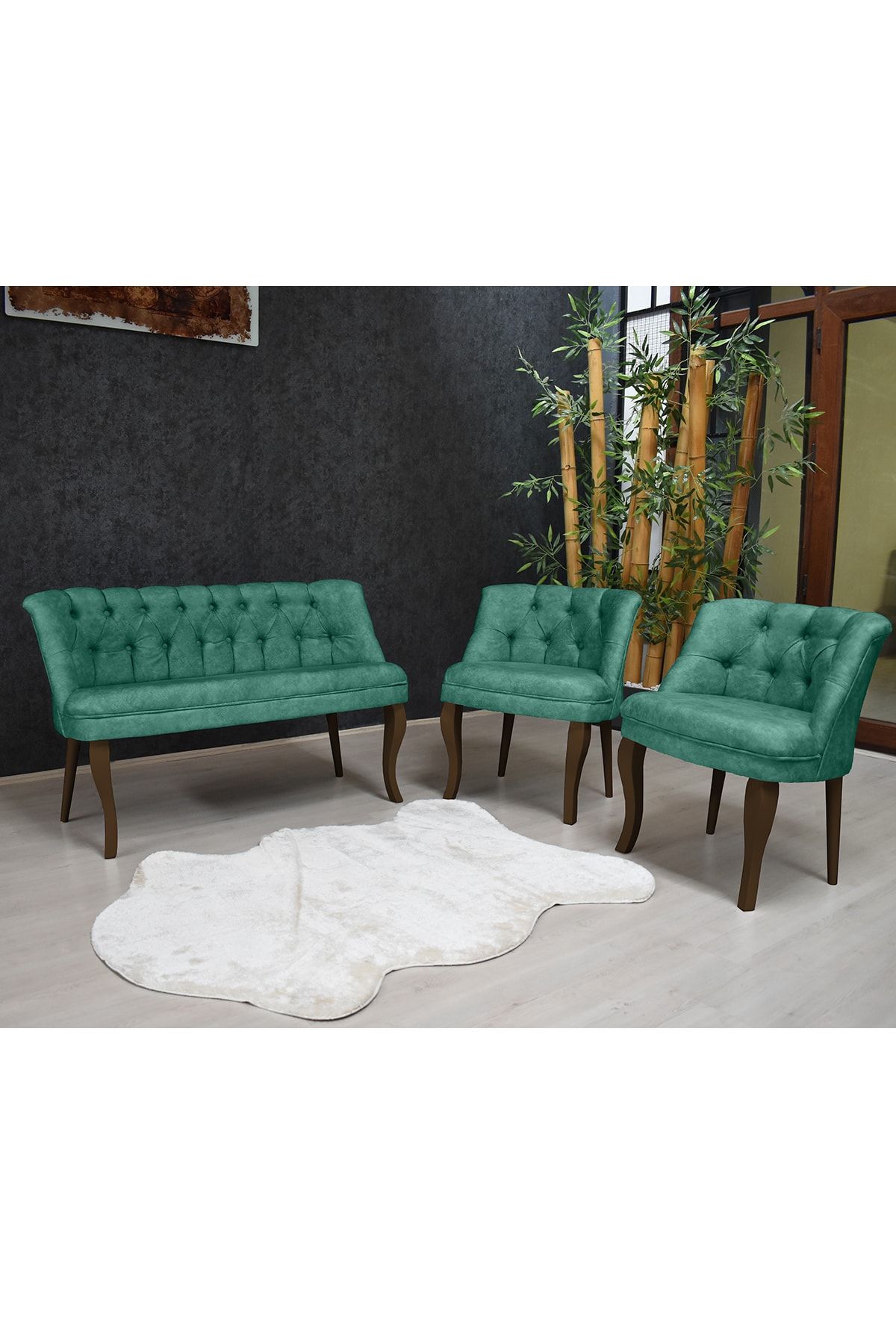 Olinpa Kolsuz Çay Seti 2+1+1 Balkon Ofis Cafe Bahçe Koltuk Takımı | Kahve Ahşap Ayak Su Yeşili