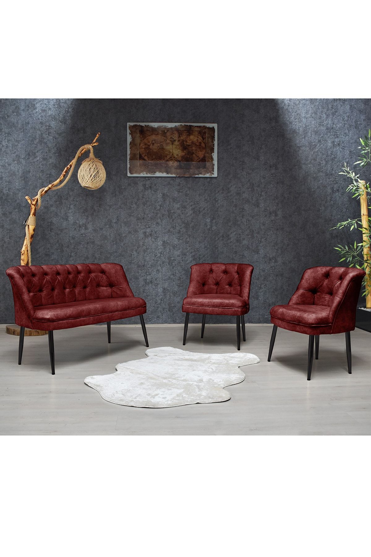 Olinpa Kolsuz Çay Seti 2+1+1 Balkon Ofis Cafe Bahçe Koltuk Takımı | Siyah Metal Ayak Bordo