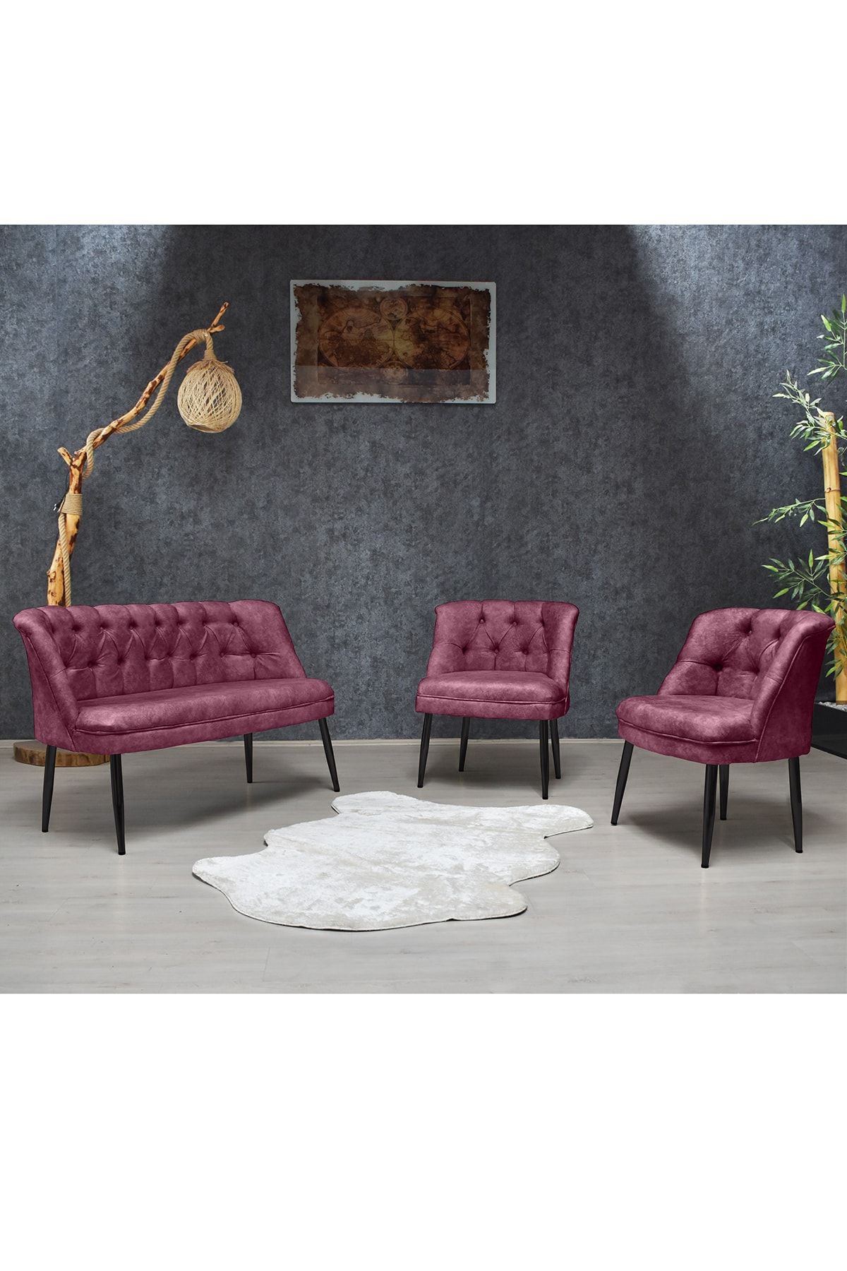Olinpa Kolsuz Çay Seti 2+1+1 Balkon Ofis Cafe Bahçe Koltuk Takımı Siyah Metal Ayak Gül Kurusu