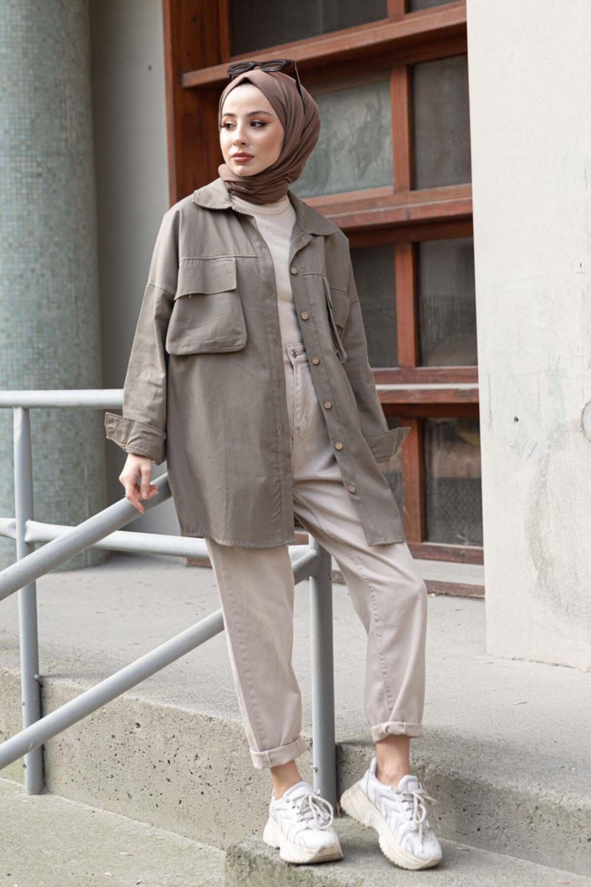 Stilin Bizde Çift Cepli Gabardin Gömlek Olive 100102