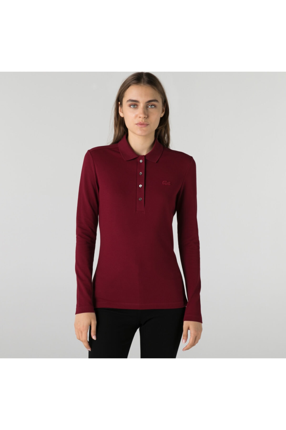 Lacoste Kadın Slim Fit Uzun Kollu Bordo Polo
