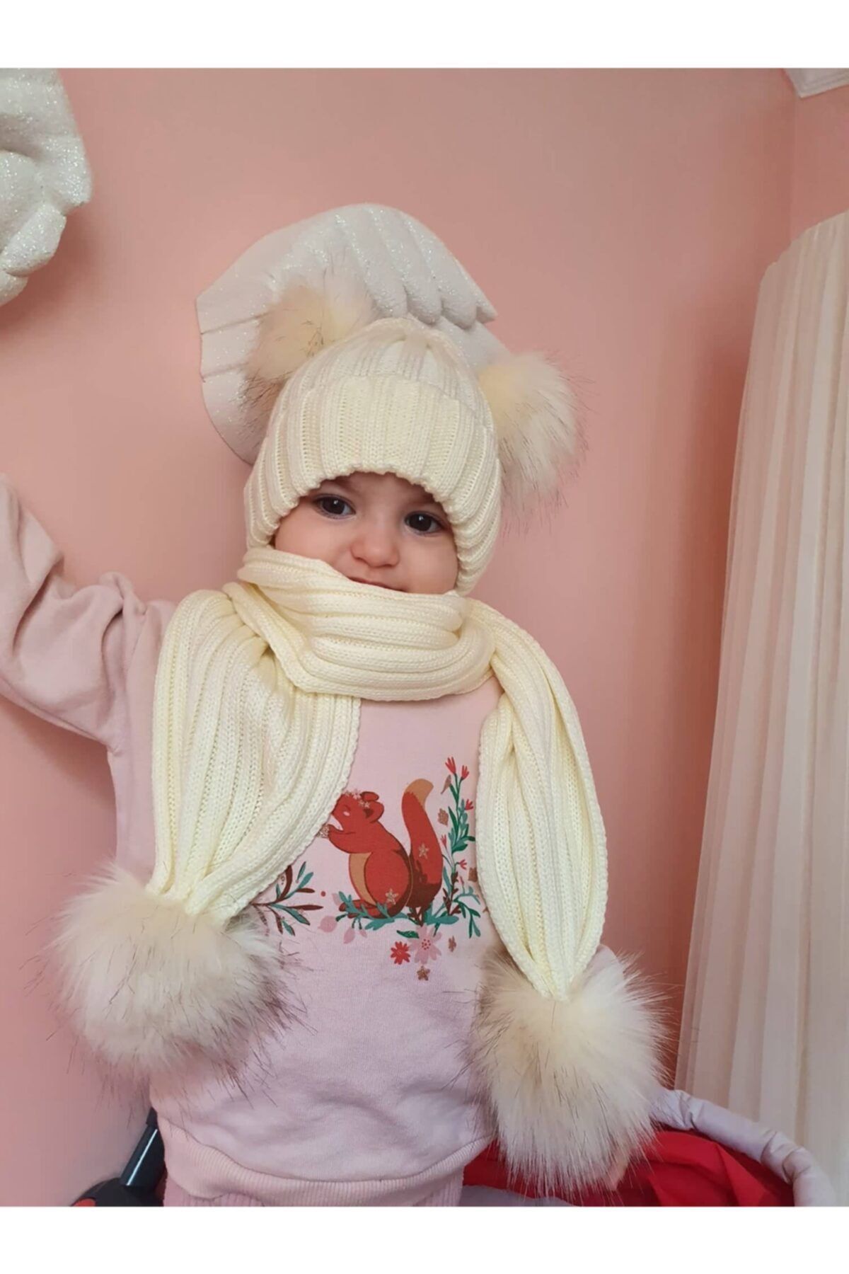 VOSVOSBABY Çocuk Krem Ponponlu Atkı Bere