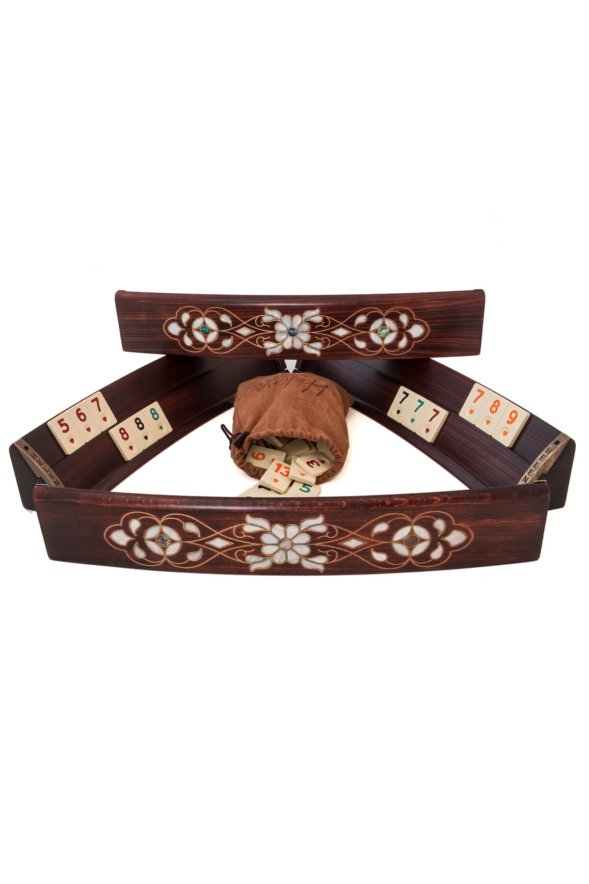 Helena Wood Art Papatya Desenli Sedef Kakmalı Oymalı Oval Okey Takımı