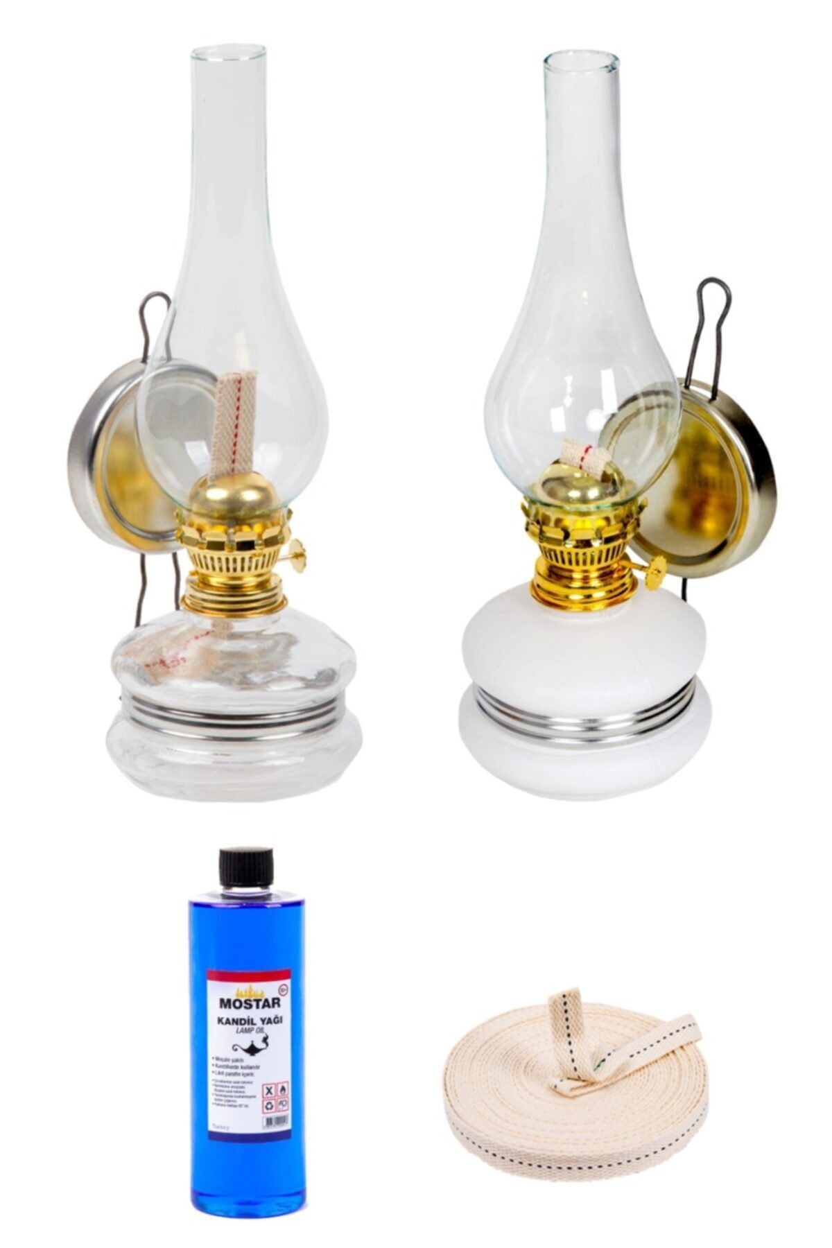 ŞEHRİMOSTARKIRK1 Gaz Lambası Set 2 Li-mat Beyaz+şeffaf- 400 Ml Kokusuz Yağ-1 Mt Fitil