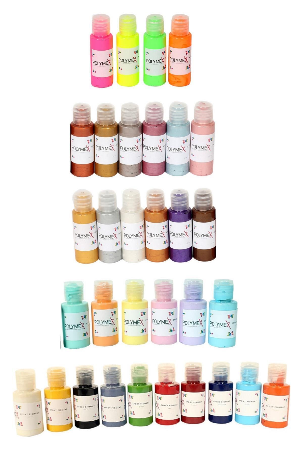 POLYMEX Epoksi Reçine Pigment Seti Deluxe - Canlı Pastel Metalik Ve Neon Renkler 32 X 35 Ml.