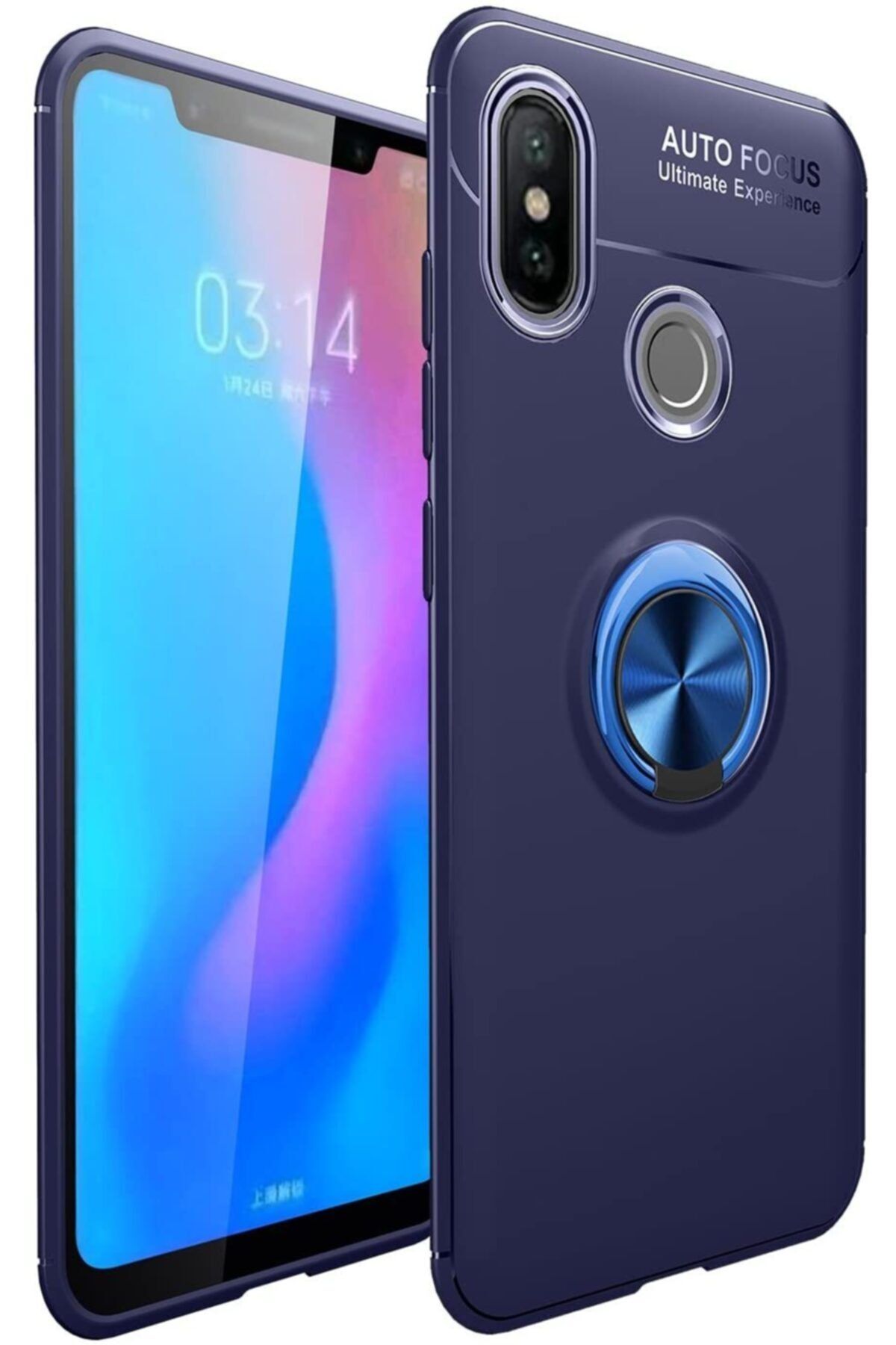 Xiaomi Mi 8 Kılıf Yüzüklü Mıknatıslı Silikon Mavi + Temperli Cam
